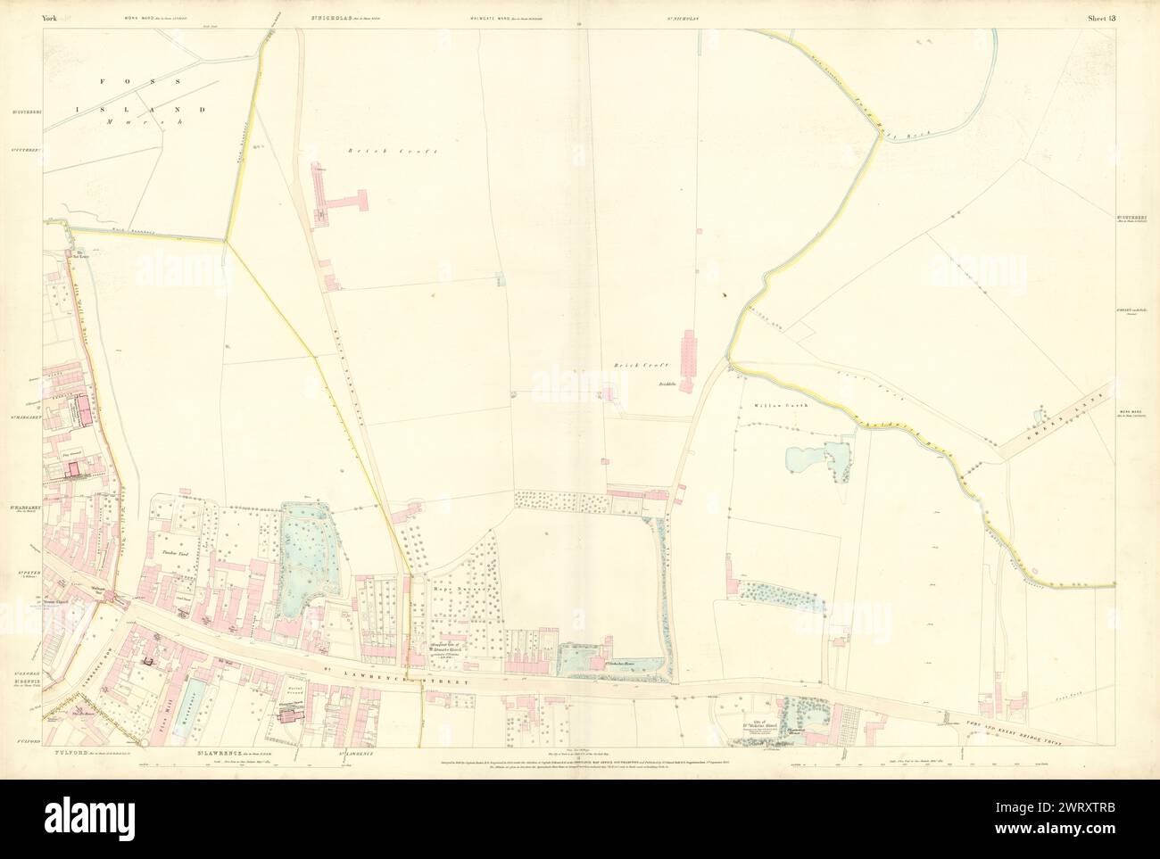 City of York #13 Walmgate Lawrence Street Tang Hall Layerthorpe. Mappa OS 1852 Foto Stock