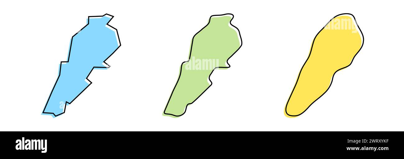 Contorno nero del paese del Libano e silhouette colorate del paese in tre diversi livelli di levigatezza. Mappe semplificate. Icone vettoriali isolate su sfondo bianco. Illustrazione Vettoriale