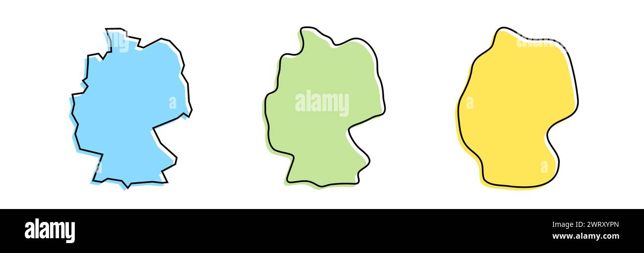 Profilo nero e silhouette country colorate in Germania in tre diversi livelli di morbidezza. Mappe semplificate. Icone vettoriali isolate su sfondo bianco. Illustrazione Vettoriale