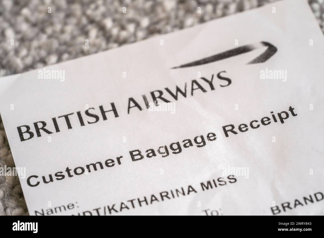Ricevuta bagaglio cliente British Airways/BA Foto Stock
