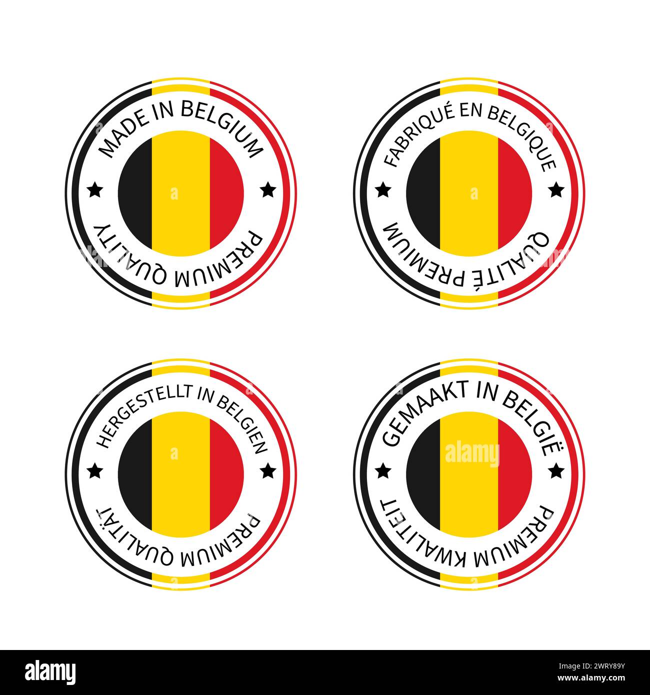 Etichette rotonde prodotte in Belgio in inglese, francese, olandese e tedesco. Icona del vettore del marchio di qualità. Perfetto per design di logo, etichette, badge, adesivi Illustrazione Vettoriale