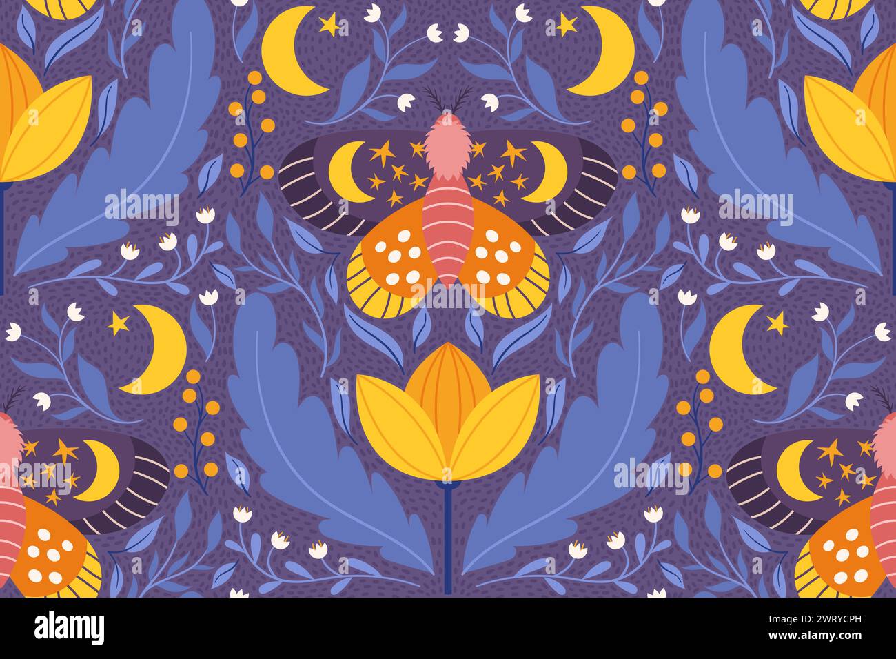 Motivo senza cuciture che mostra una falena stravagante, fiori e foglie nei colori viola e giallo. Stile Scandi delicato design folk ripetuto adatto per p Illustrazione Vettoriale