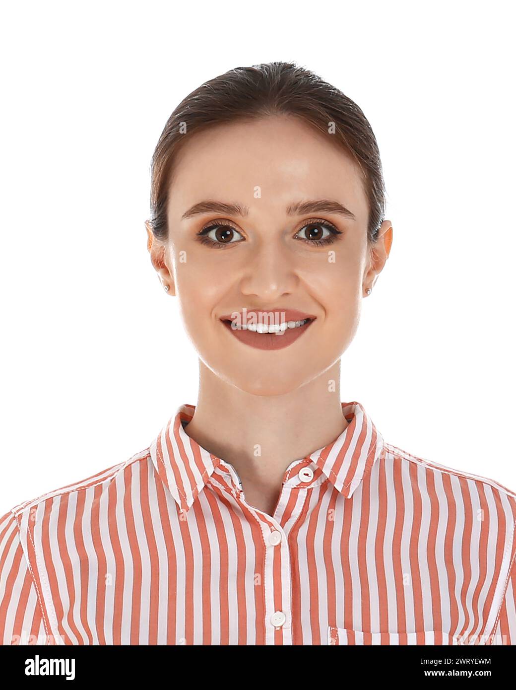 Foto del passaporto. Ritratto di una giovane donna su sfondo bianco Foto Stock