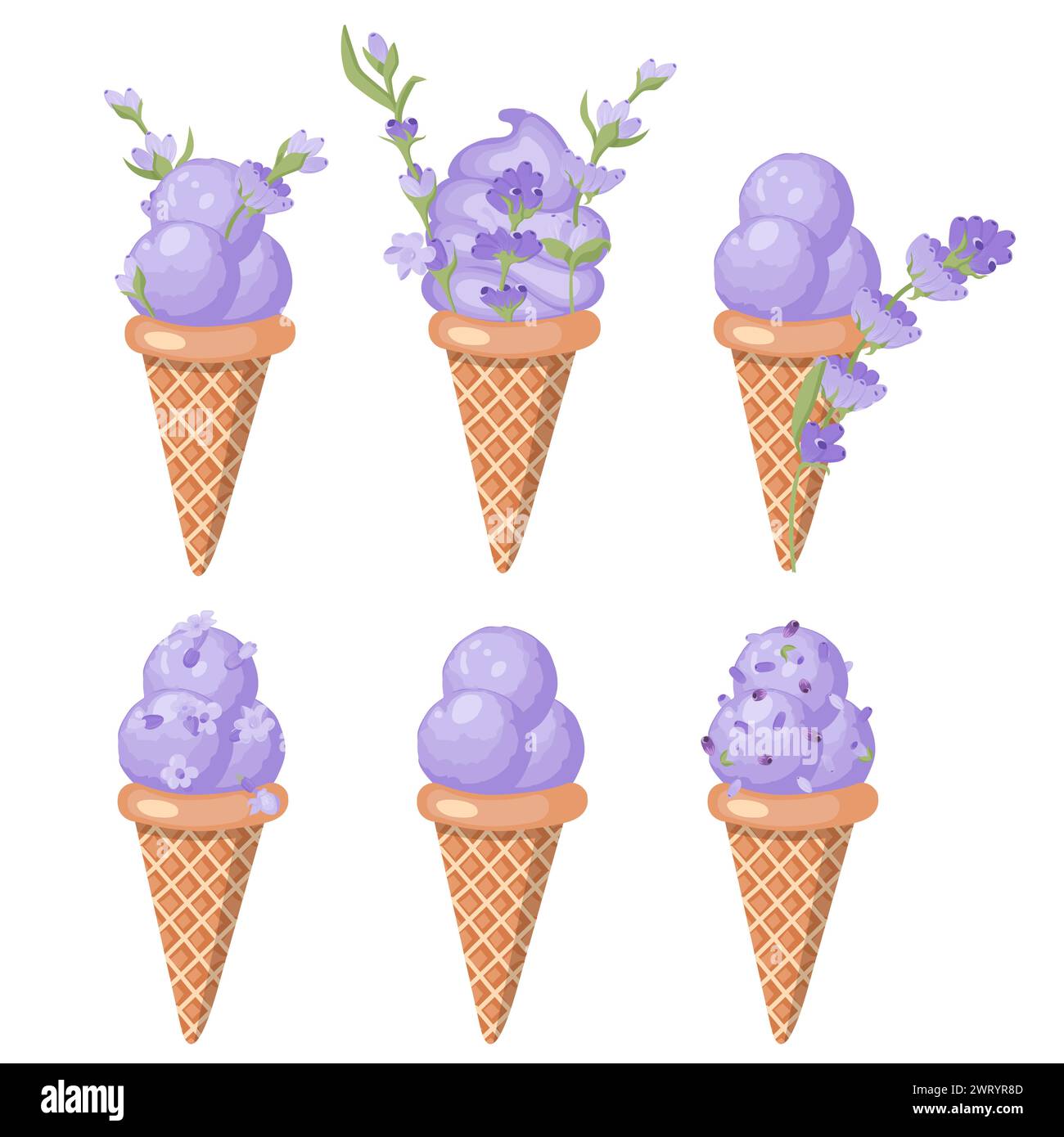 Un set di gelato alla lavanda in coni per waffle. Sorbetto viola. Illustrazione vettoriale su sfondo bianco. Illustrazione Vettoriale