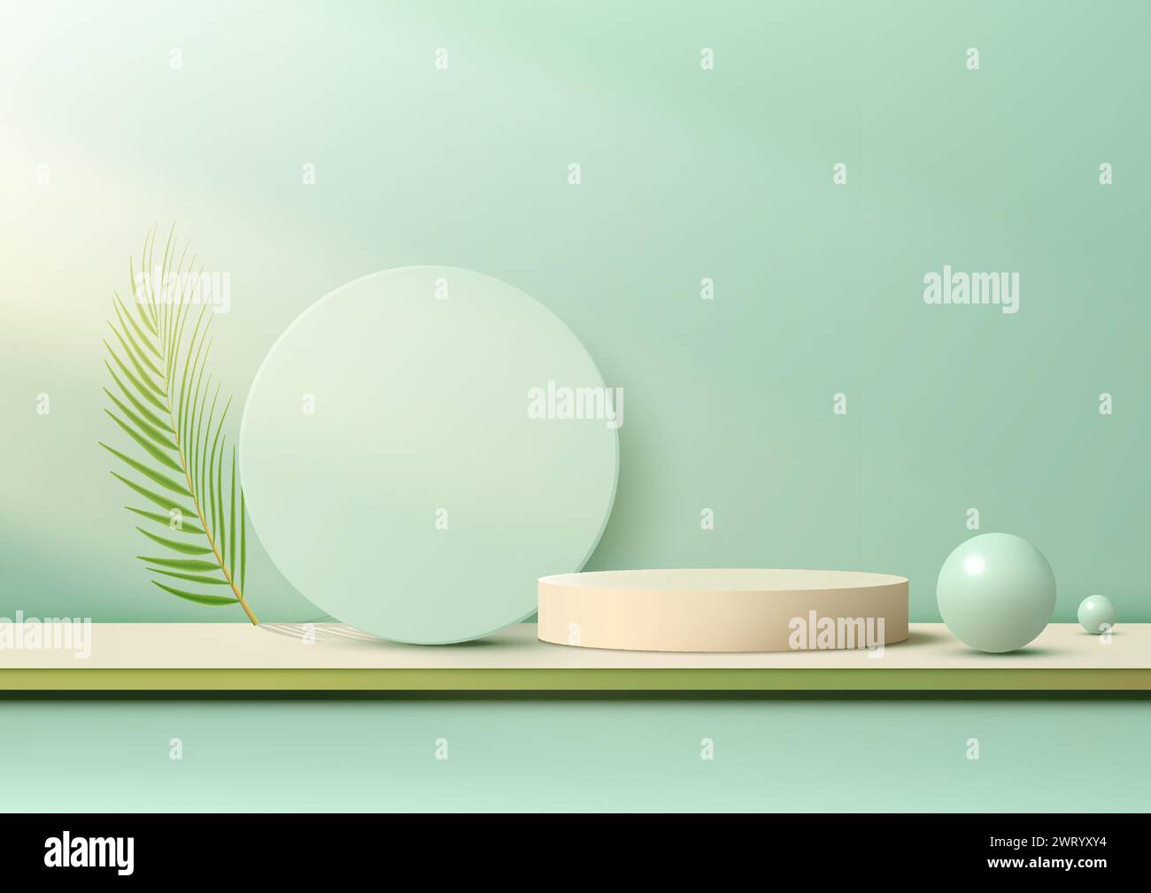 Una scena 3D minimalista con podio beige, cerchio verde, sfere e una grande foglia verde su sfondo verde. Illustrazione vettoriale Illustrazione Vettoriale