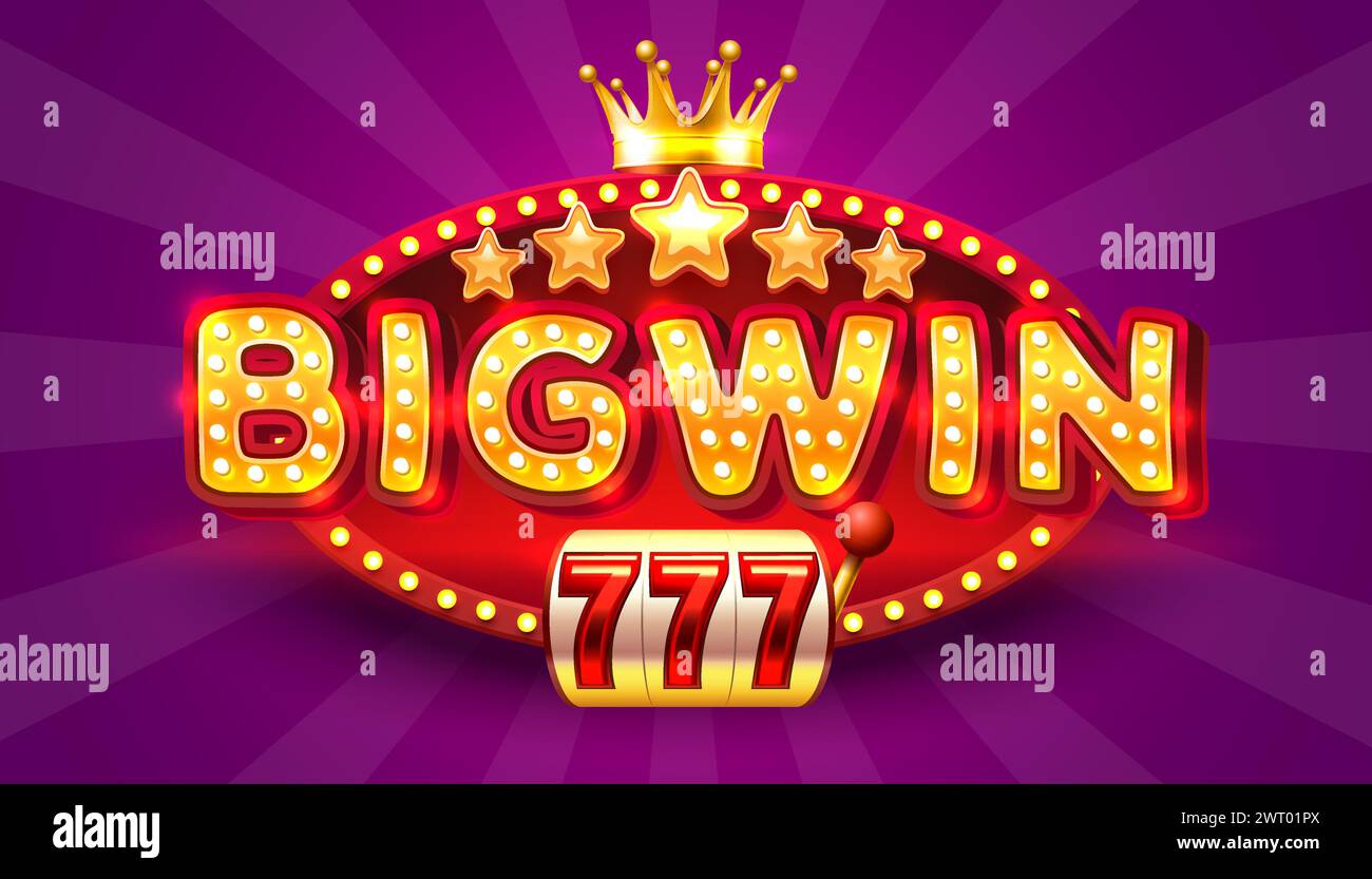 Etichetta BigWin, slot machine, Vegas notturna. Vettore Illustrazione Vettoriale