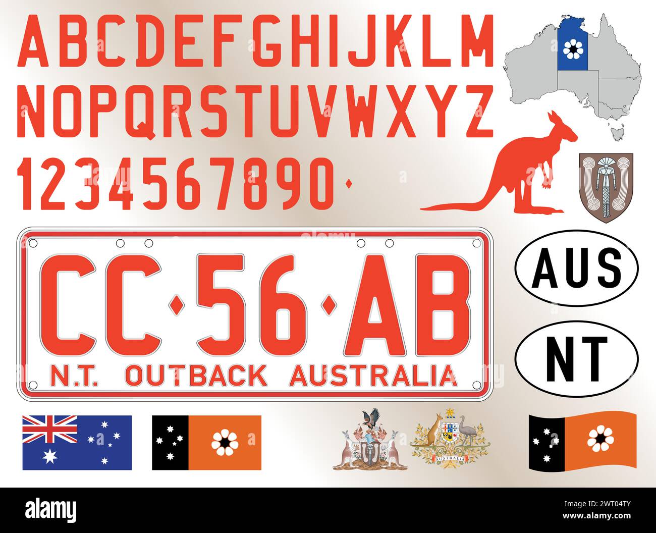 Modello della targa dell'auto Northern Territory, lettere, numeri e simboli, illustrazione vettoriale, Australia Illustrazione Vettoriale