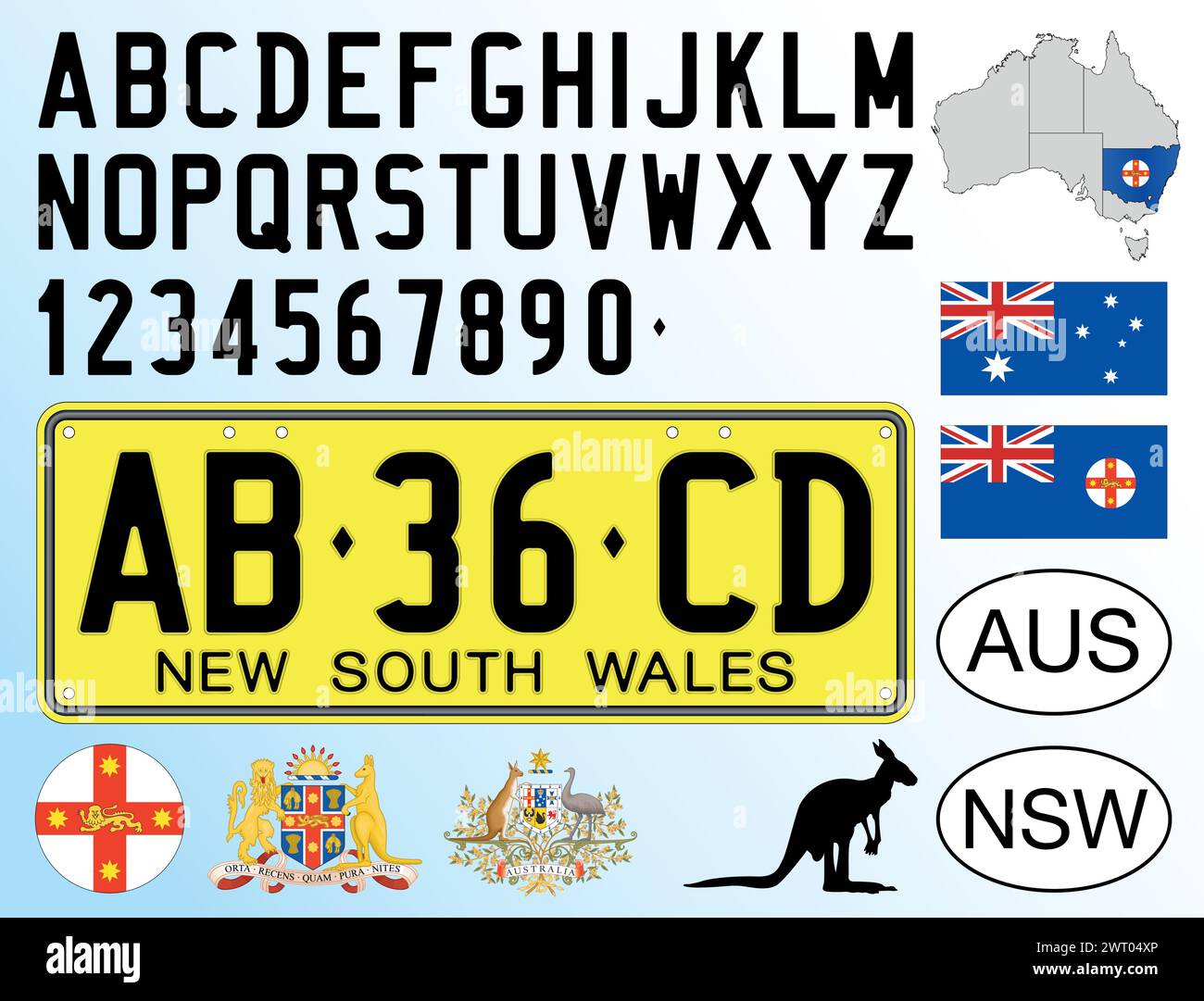 Modello della targa del nuovo Galles del Sud, lettere, numeri e simboli, illustrazione vettoriale, Australia Illustrazione Vettoriale