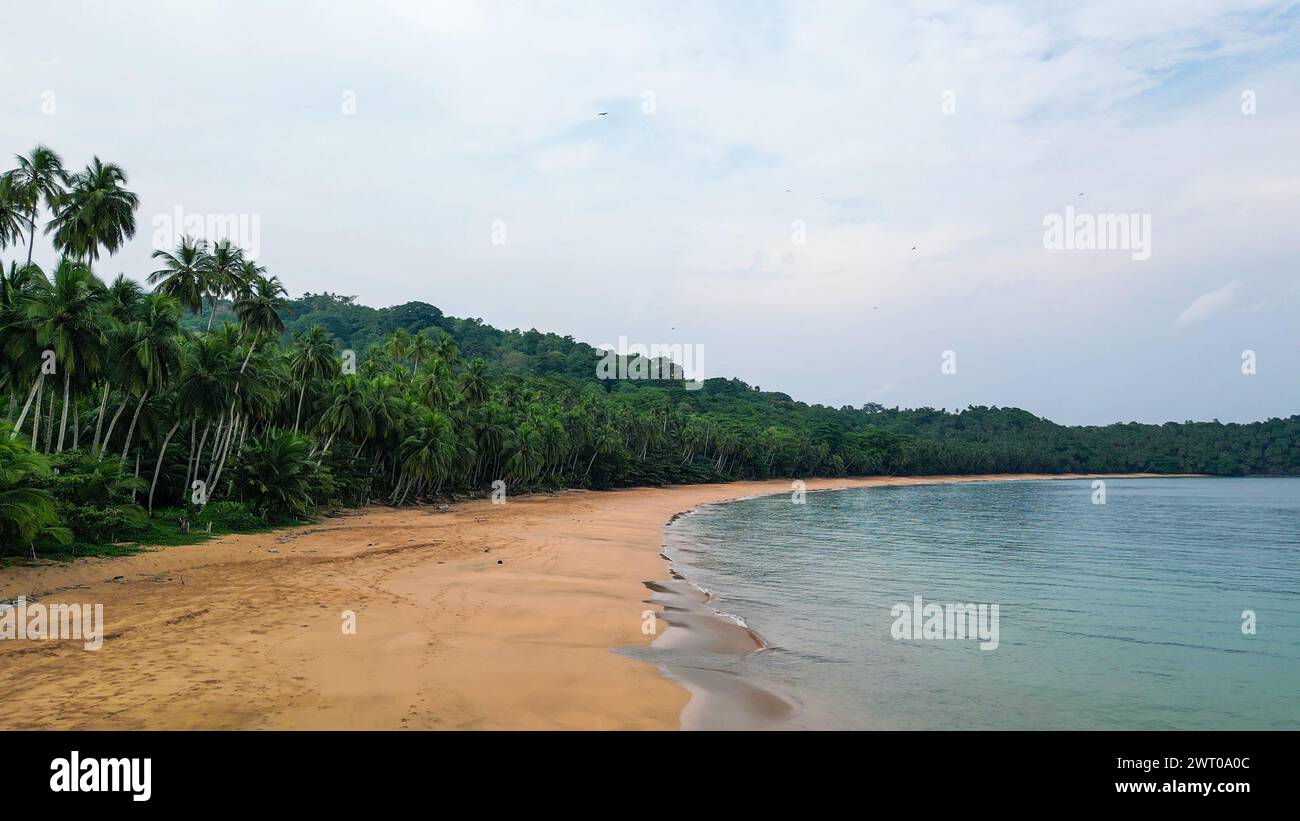 Una spiaggia tropicale di tartarughe con palme e una collina lontana, Sao Tomé e Principe, Africa Foto Stock