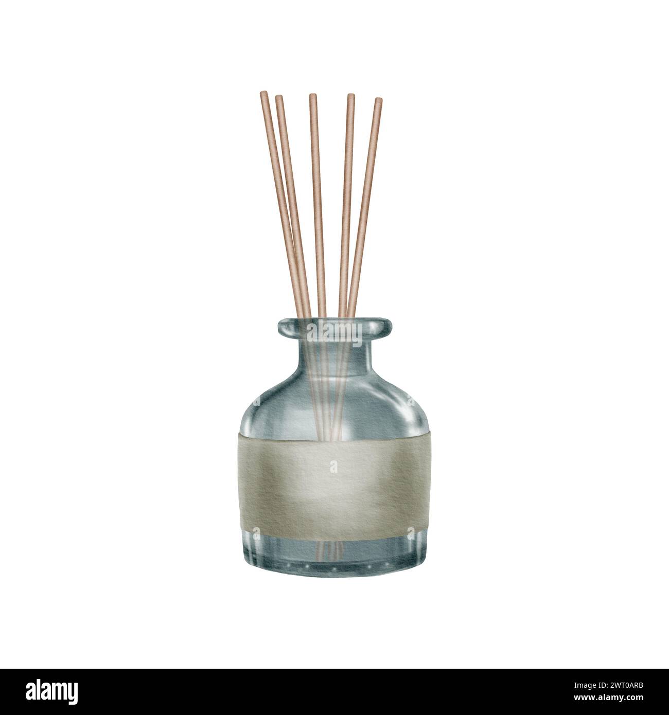 Diffusore di aroma per la casa. Bottiglia trasparente di olio biologico essenziale di colore verde con bastoncini. Illustrazione ad acquerello disegnata a mano isolata Foto Stock