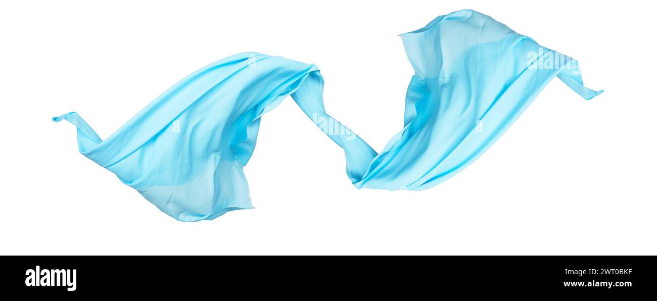Tessuto blu che vola liscio ed elegante su sfondo bianco Foto Stock