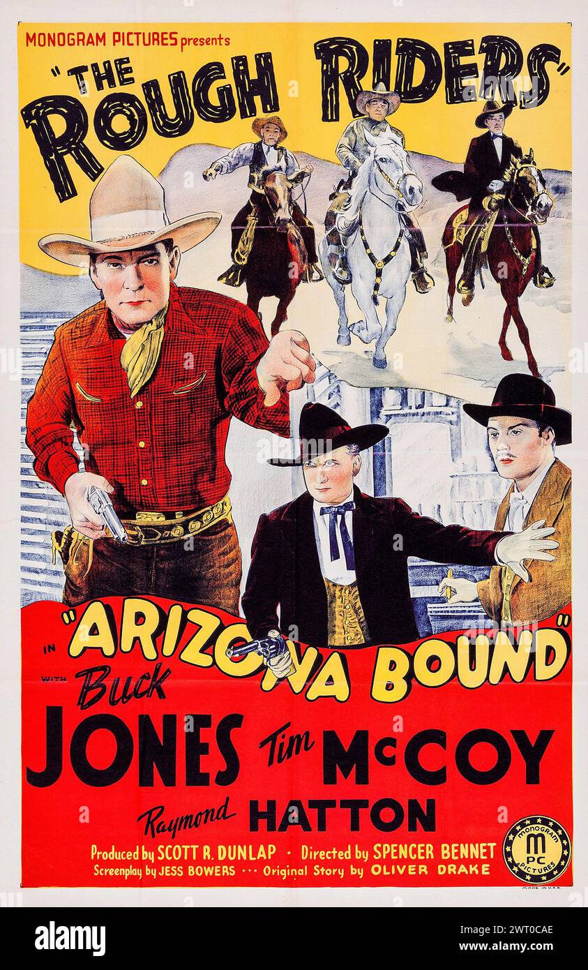 Poster cinematografico d'epoca - Arizona Bound (monogramma, 1941) prodezza cinematografica occidentale. Buck Jones e Tim McCoy - i Rough Riders Foto Stock