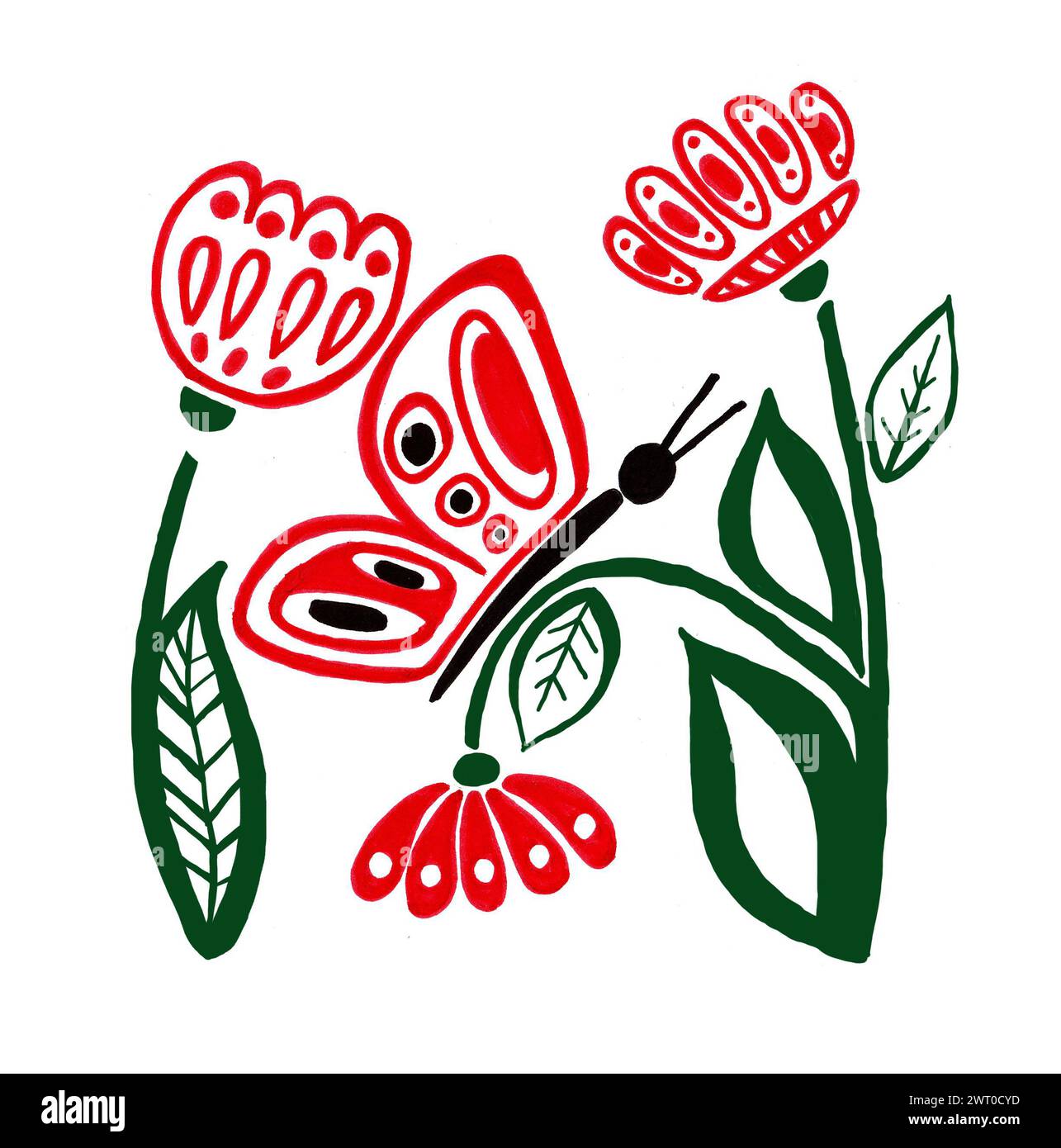 Illustrazione stilizzata. Fiori e una farfalla seduti su di loro. Fiori rossi, foglie verdi. La farfalla ha le ali rosse, un corpo nero, di profilo. Flusso Foto Stock