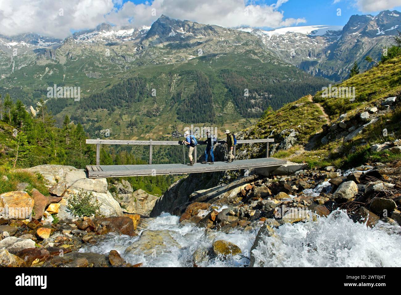 Gli escursionisti attraversano uno stretto ponte sul torrente Naestbach sulla strada per il rifugio Bietschhorn, vicino a Blatten, Loetschental, Vallese, Svizzera Foto Stock