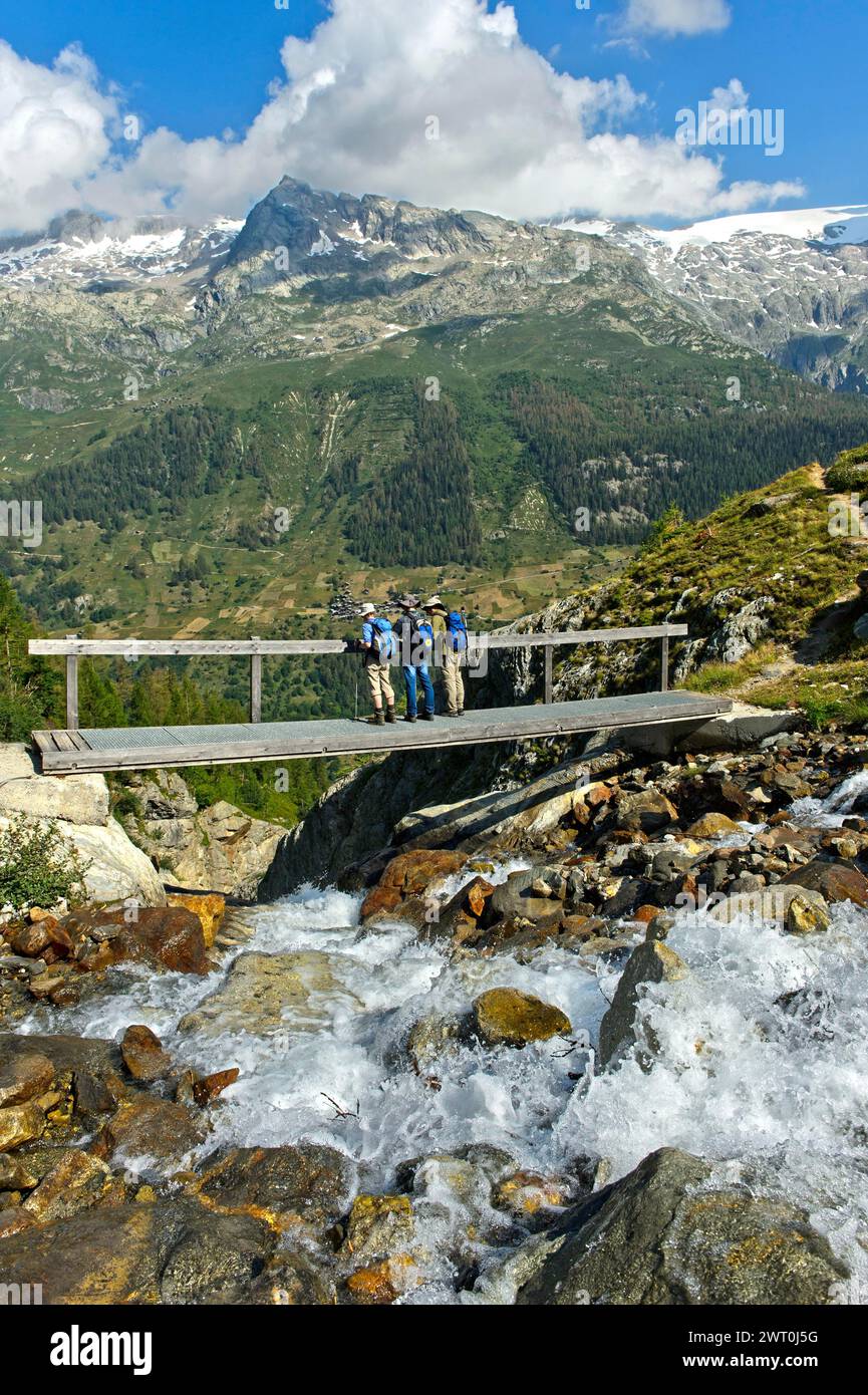 Gli escursionisti attraversano uno stretto ponte sul torrente Naestbach sulla strada per il rifugio Bietschhorn, vicino a Blatten, Loetschental, Vallese, Svizzera Foto Stock