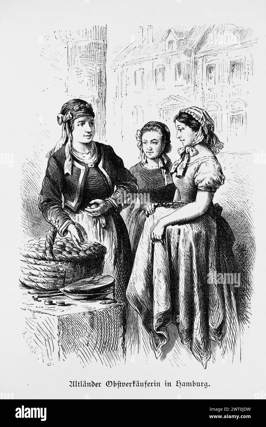 Venditore di frutta Old Country ad Amburgo, Old Country, bassa Sassonia, cestino, giovane donna, Headdress, Germania, illustrazione storica 1880 Foto Stock