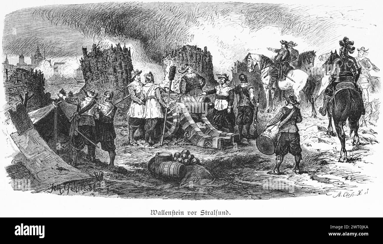 Wallenstein di fronte a Stralsund, Meclemburgo-Pomerania occidentale, Germania, assedio, distruzione, fuoco, guerra, cavaliere, cannone, cavaliere, storico Foto Stock