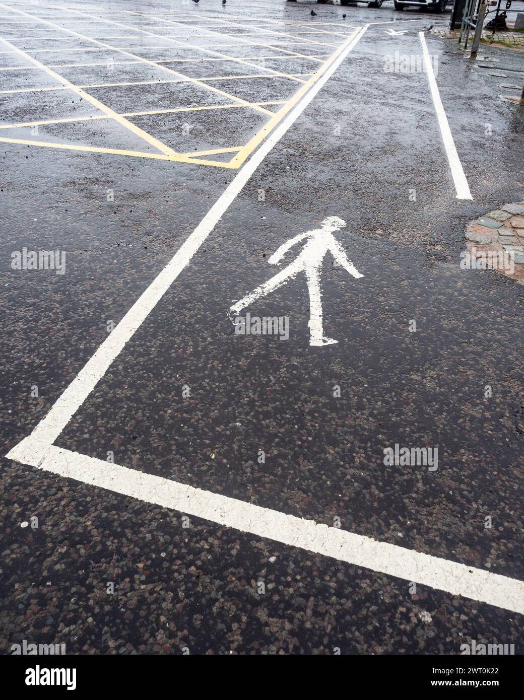 percorso pedonale con contrassegno di direzione bianco e linee bianche dipinte Foto Stock