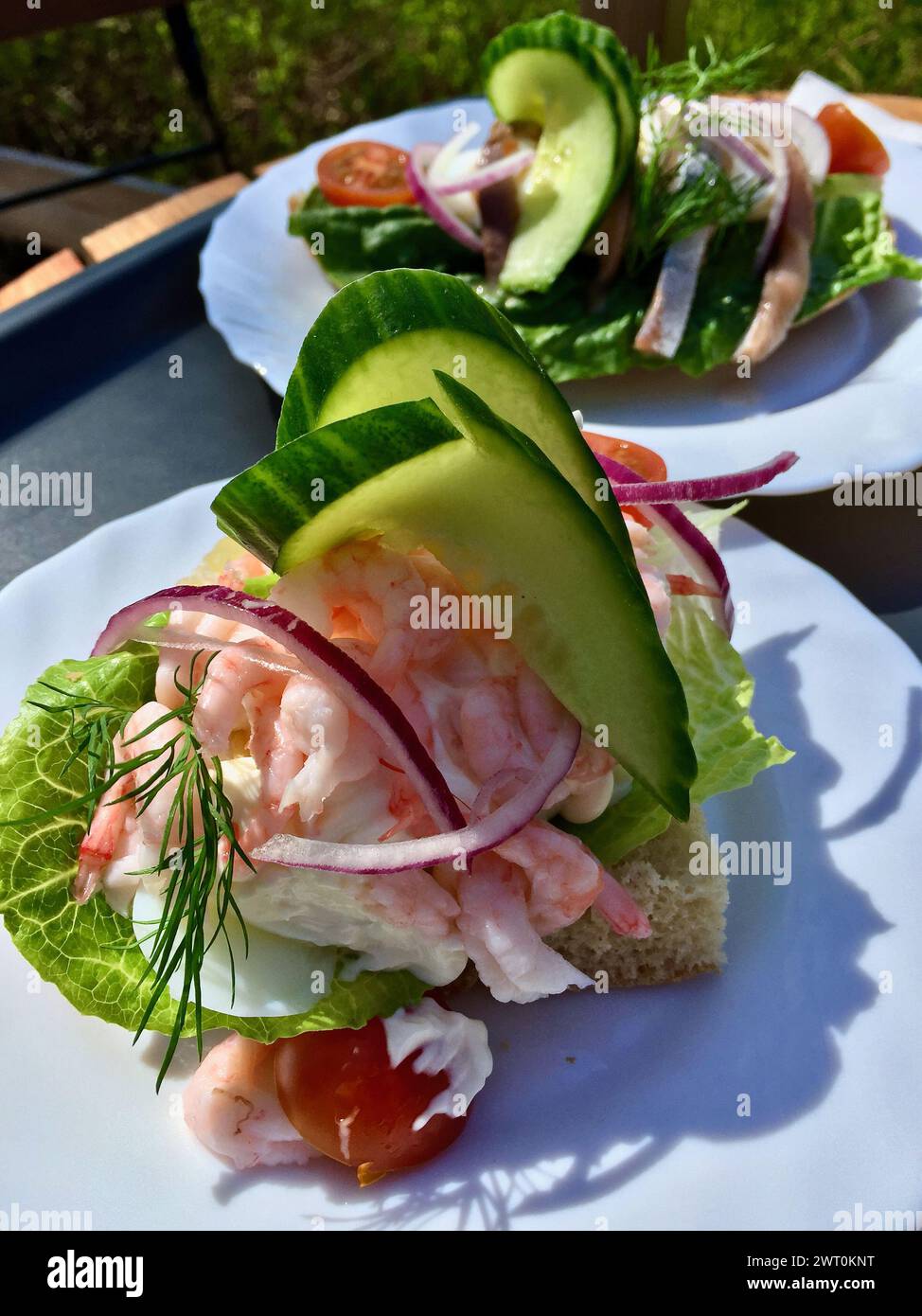 Sandwich con gamberetti pelati e verdure in primo piano su un piatto bianco all'aperto in una caffetteria con giardino. Foto Stock