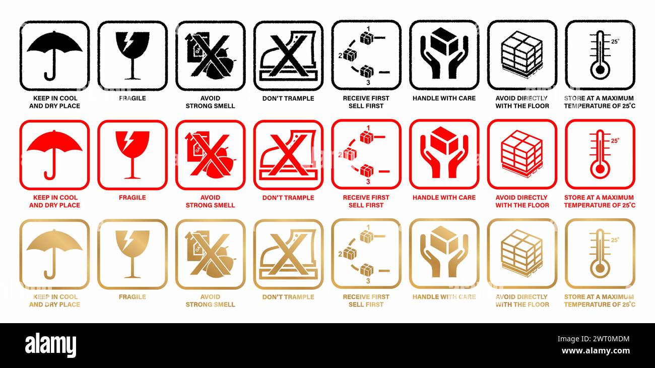 Illustrazione a otto o 8 icone tipi concettuali fragili di parole con tre o 3 colori per la gestione delle avvertenze con la logistica di cura, la spedizione delle consegne Illustrazione Vettoriale