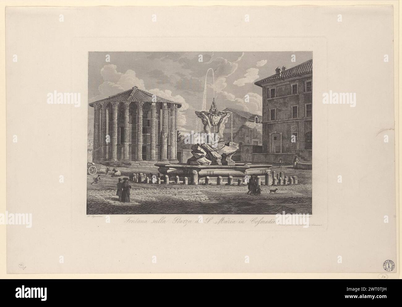 Fontana sulla Piazza di S. Maria in Cosmedin, 1851 circa. Acquaroni, Antonio, circa 1800-1874, incisore. [1851] Fontana di Piazza di bocca della Verità la stampa, disegnata e incisa da A. Acquaroni, raffigura la fontana con il Tempio di Vesta sullo sfondo. Iscrizione: A. Aquaroni. Con i segni da collezione Pecci-Blunt, in inchiostro nero, nell'angolo in basso a destra e sul verso. Data dell'Istituto nazionale per la grafica. Rif.: Arrigoni-Bertarelli 1765. Casa editrice: Roma, Calcografia camerale. Anna Laetitia Pecci-Blunt collezionò stampe, pubblicò opere, disegni e pittori Foto Stock