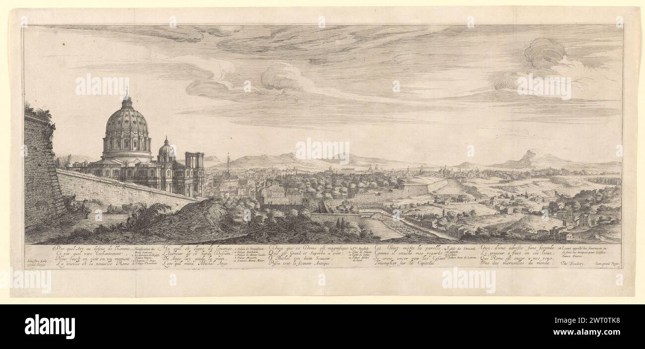 Vue de Rome et du derrière de l'église St Pierre pry sur les hauteurs du mont Vatican hors la ville, senza data. Silvestre, Israël, 1621-1691, incisore. Il panorama non ondulato raffigura la vista da una prospettiva sopraelevata dietro St Pietro guarda verso il retro della chiesa, la città di Roma e la campagna circostante. I versi di Georges de Scudéry in cinque colonne iniziano con: 'Par quel Art au-dessus de l'homme... La vieille et la nouvelle Rome, e termina con "Ouy, d'une adresse sans seconde... Une des merveilles du monde." La legenda identifica 18 siti. Titolo da Faucheux. Rif. Foto Stock