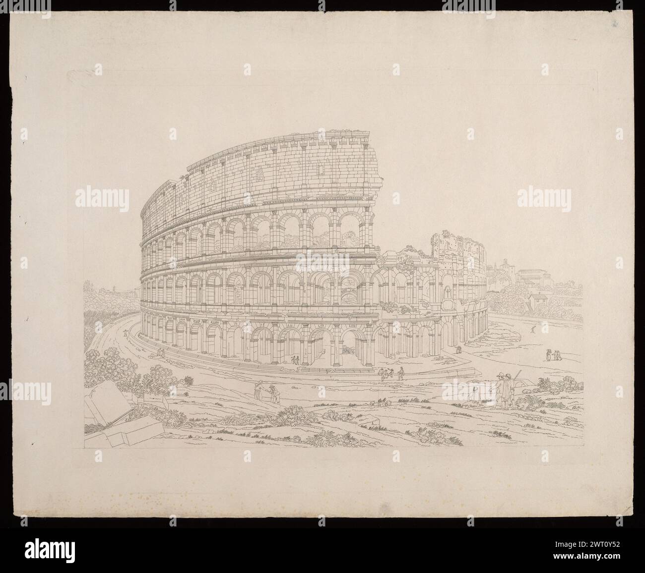 Colosseo (esterno) da Antichità di Roma recentemente scavate fino all'antico piano, 1817. 1817 la suite raffigura siti e monumenti antichi recentemente scavati a Roma, disegnati da Simone Pomardi, che ha accuratamente realizzato decorazioni architettoniche e iscrizioni sulle rovine. Le singole stampe della serie non sono intitolate. Casa editrice: Roma. Filigrana: C. & I. Honig (pagina del titolo). Anna Laetitia Pecci-Blunt collezionò stampe, pubblicò opere, disegni e dipinti tematicamente incentrati sulla città di Roma. La sua collezione comprendeva vedute, piani, mappe di Roma e raffigurazioni degli abitanti di Foto Stock