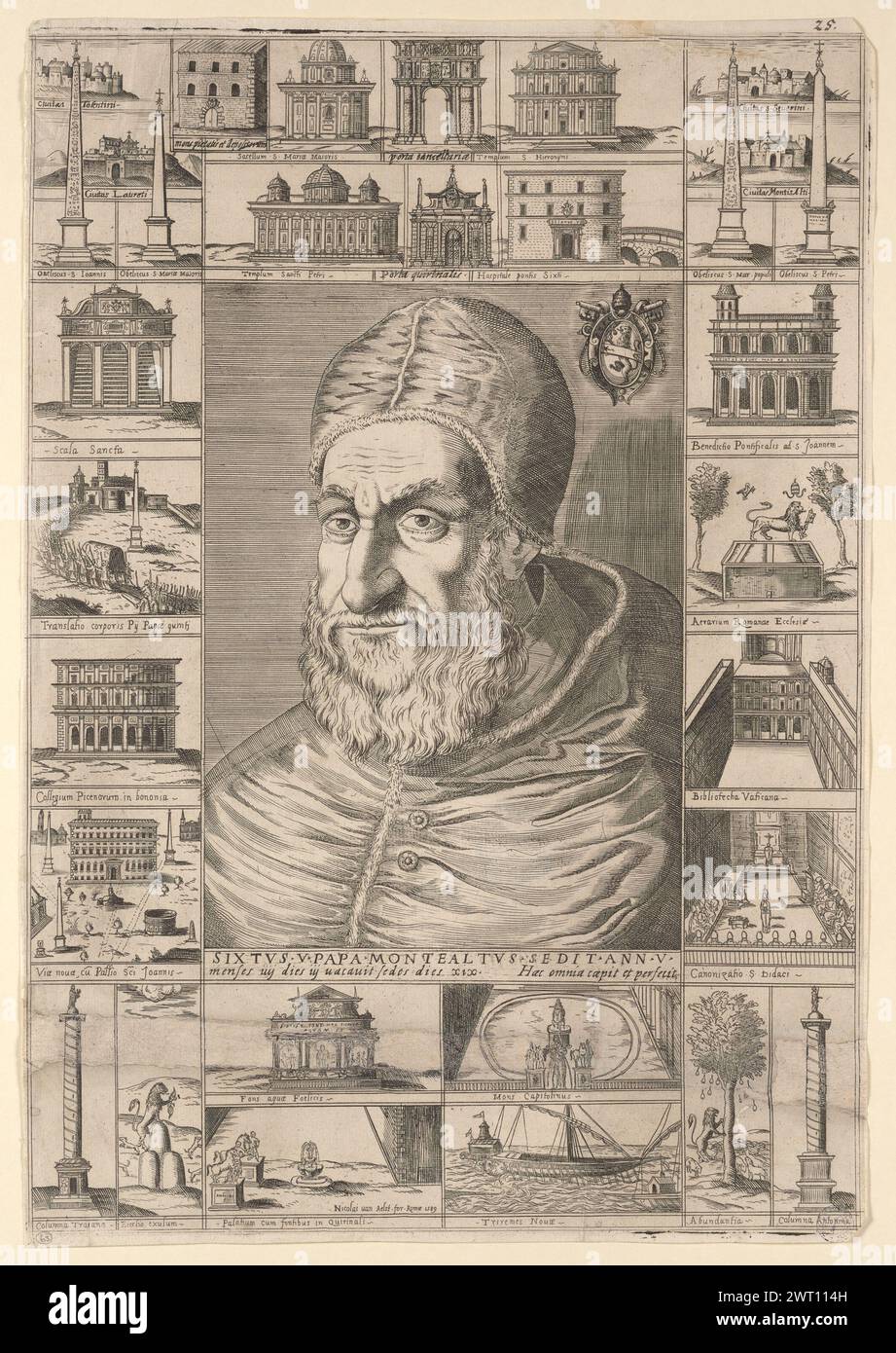 Sisto V Papa Montealtus sedit annr. V. Menses IIII die III vacauit sedes dies XI Haec omnia capit et perfecit, 1589. 1589 il busto ritratto di Papa Sisto V è circondato da 29 immagini delle sue opere pubbliche e due rappresentazioni del suo stemma familiare. Sisto V eresse quattro obelischi a Roma, supervisionò il completamento della cupola di San Pietro e intraprese ampi progetti di opere pubbliche. Le sue attività di pianificazione urbana includevano la costruzione di un nuovo acquedotto (acqua felice) e la costruzione di fontane per fornire acqua alla città. Ricostruì anche la Biblioteca apostolica vaticana, aperta Foto Stock