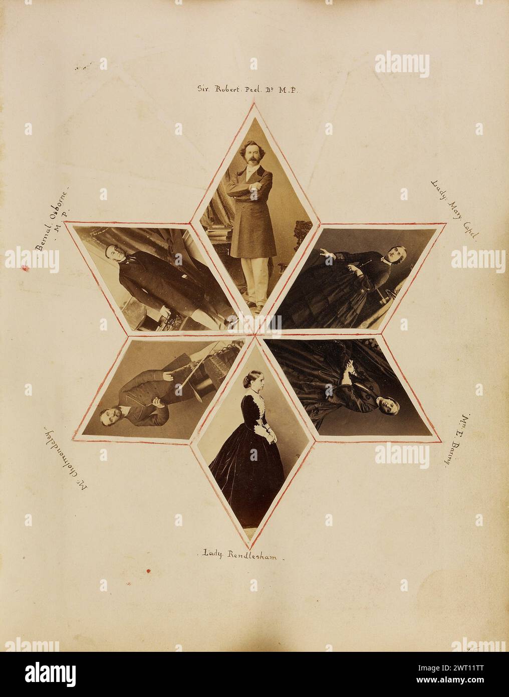 Collage fotografico di sei cartes-de-visite che formano una stella a sei punte. Sconosciuto circa 1864 questa pagina di fotografie accuratamente organizzate si trova in un album che mescola pagine di cartes-de-visite inalterate con fotocollage. Tipicamente realizzate da donne vittoriane della classe superiore, le pagine fotocollate potrebbero includere elementi aggiunti semplici come un acquerello fiorente al centro della pagina o una cornice disegnata intorno a una fotografia montata. I fotocollage, tuttavia, potrebbero anche essere elaborate composizioni a pagine intere realizzate con una varietà di materiali da disegno e fotografie integrate, materiali stampati trovati e/o. Foto Stock