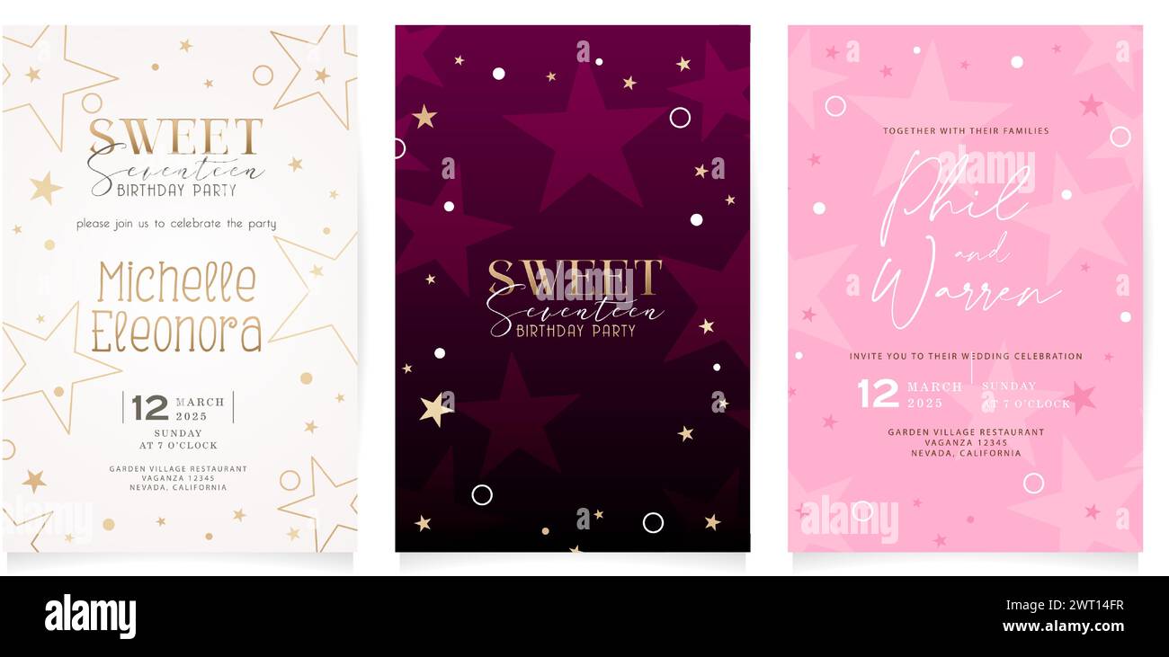 Set di immagini vettoriali di biglietti di invito per matrimoni con stelle o sfondi di invito per feste di compleanno per elementi di copertura e banner sui social media Illustrazione Vettoriale