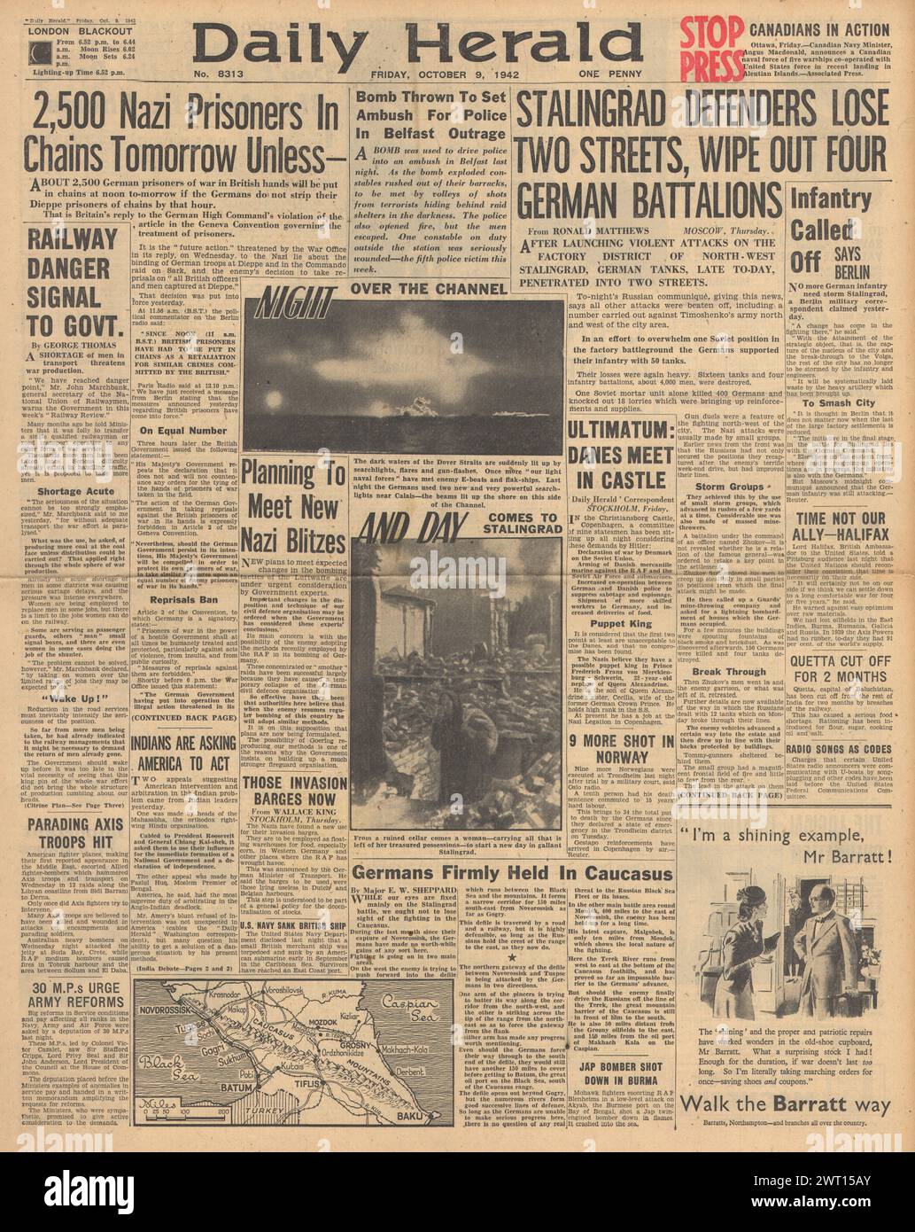 1942 la prima pagina del Daily Herald riporta la battaglia di Stalingrado e la minaccia per la catena di prigionieri di guerra tedeschi Foto Stock