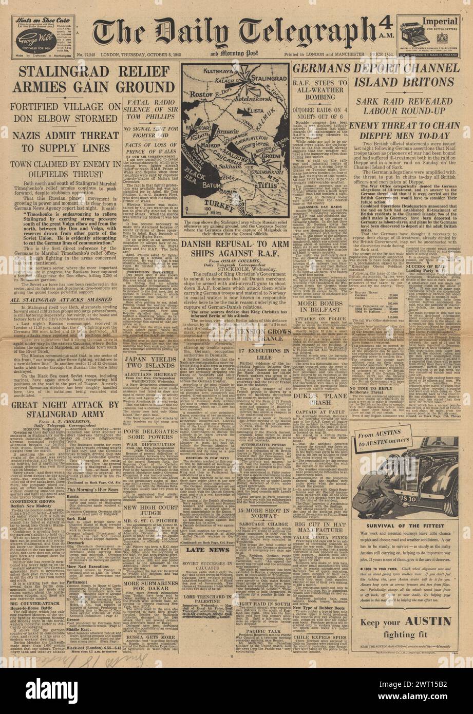 1942 la prima pagina del Daily Telegraph riporta la battaglia di Stalingrado e la minaccia per i prigionieri di guerra Foto Stock