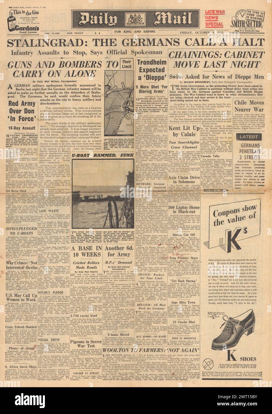 1942 la prima pagina del Daily mail riporta la battaglia di Stalingrado e la minaccia per i prigionieri di guerra tedeschi Foto Stock