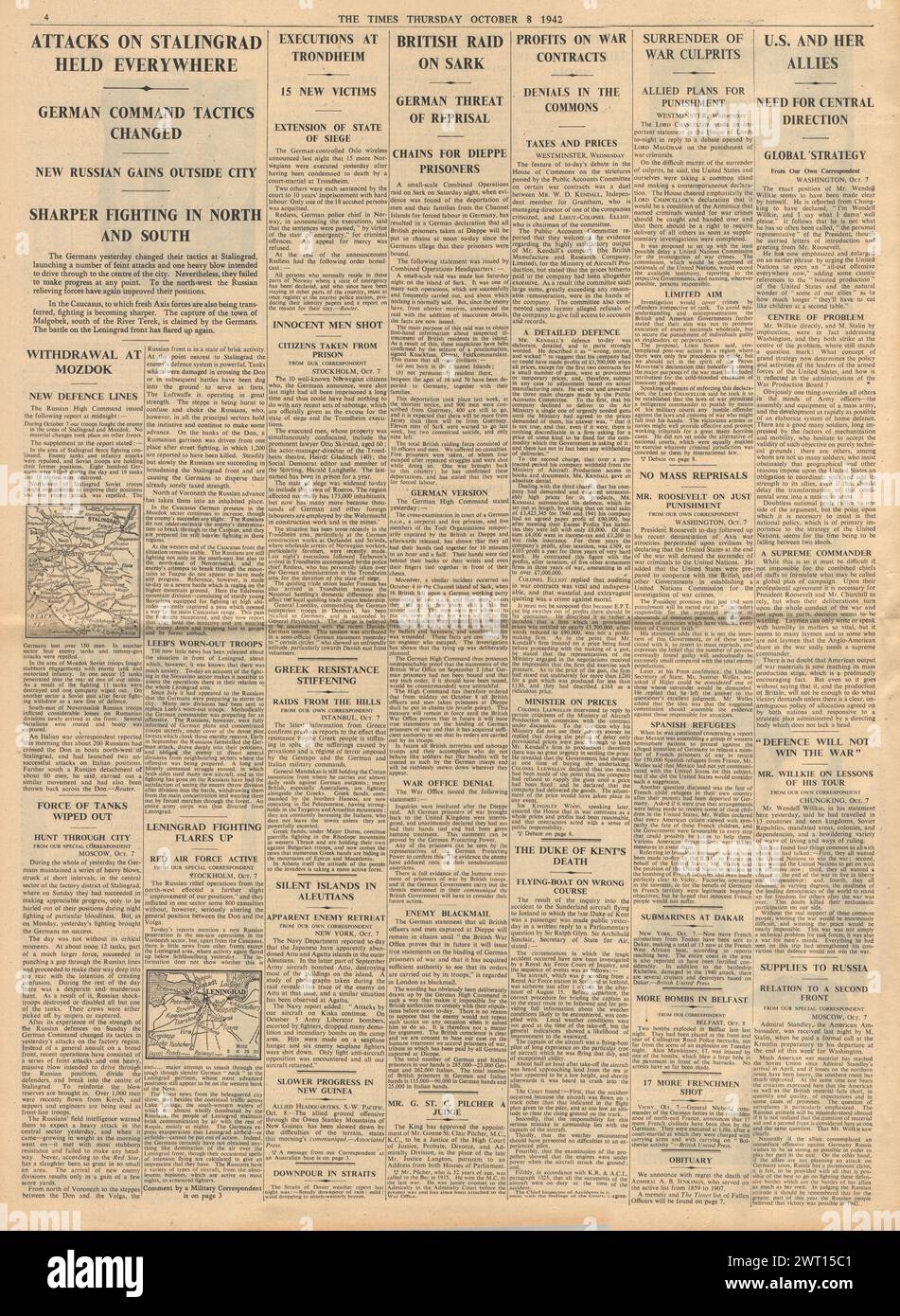 1942 The Times riporta la battaglia di Stalingrado e minaccia ai prigionieri di guerra Foto Stock