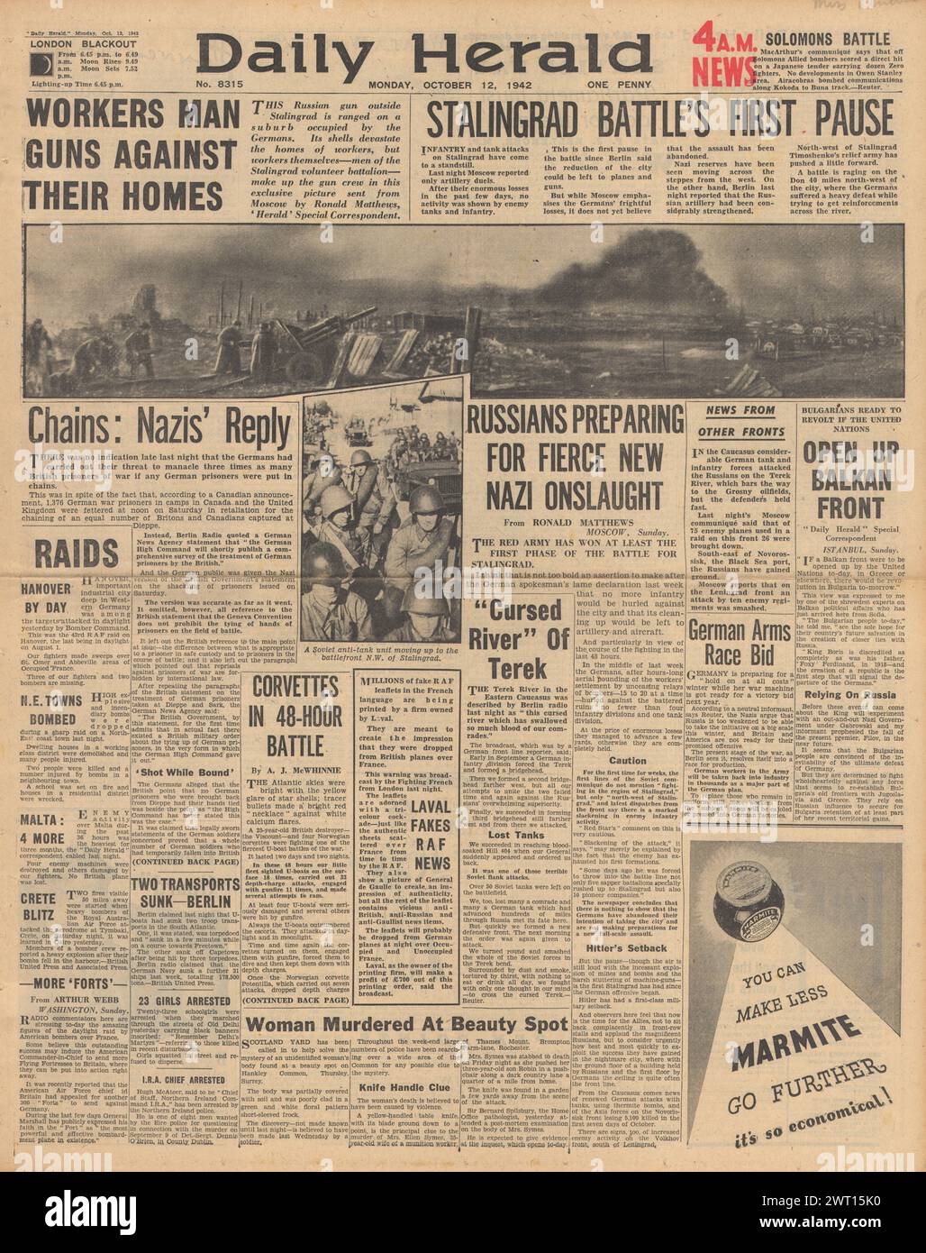 1942 la prima pagina del Daily Herald riporta la battaglia di Stalingrado e il concatenamento dei prigionieri di guerra Foto Stock