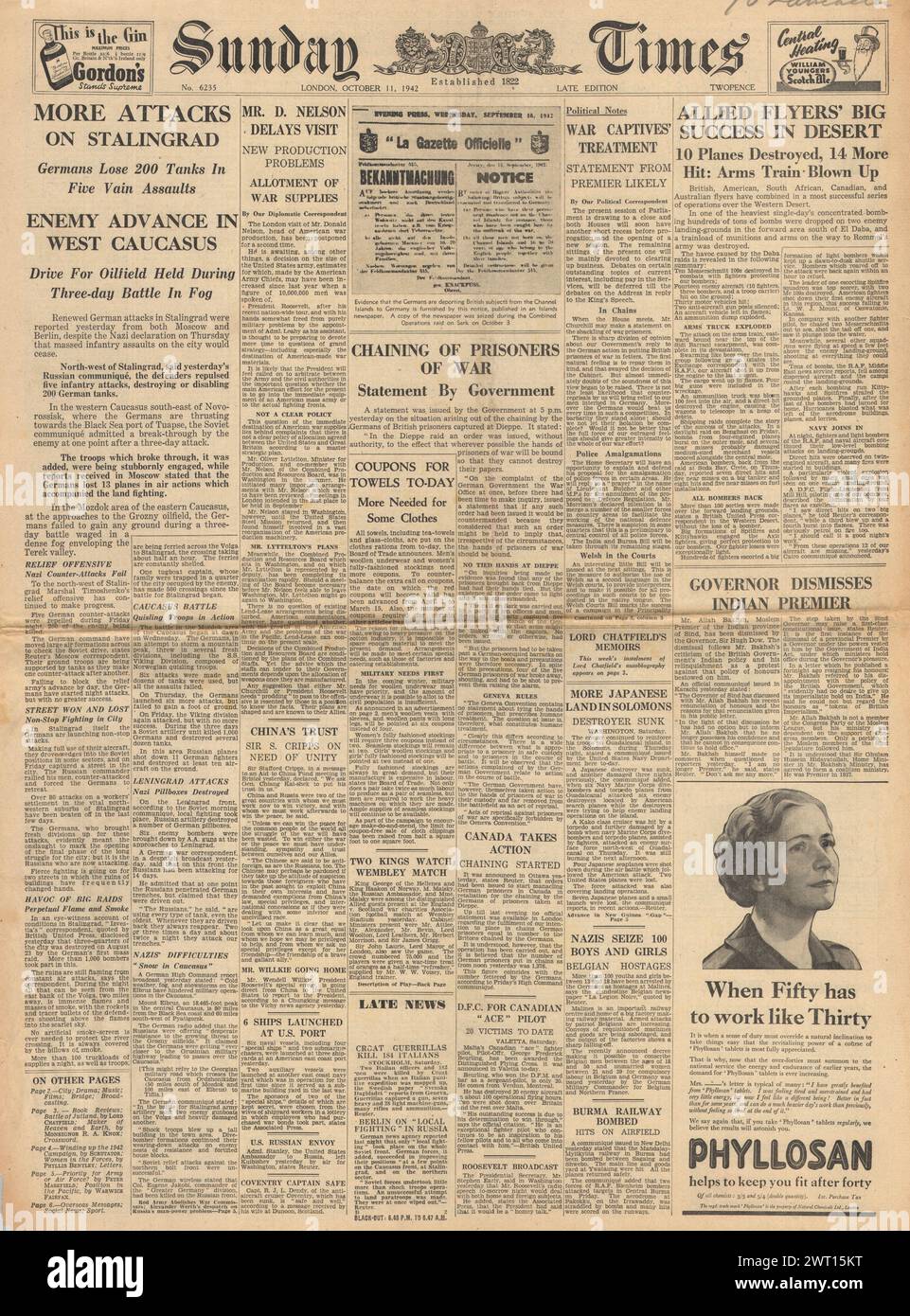 1942 la prima pagina del Sunday Times riporta la battaglia di Stalingrado e il concatenamento dei prigionieri di guerra Foto Stock