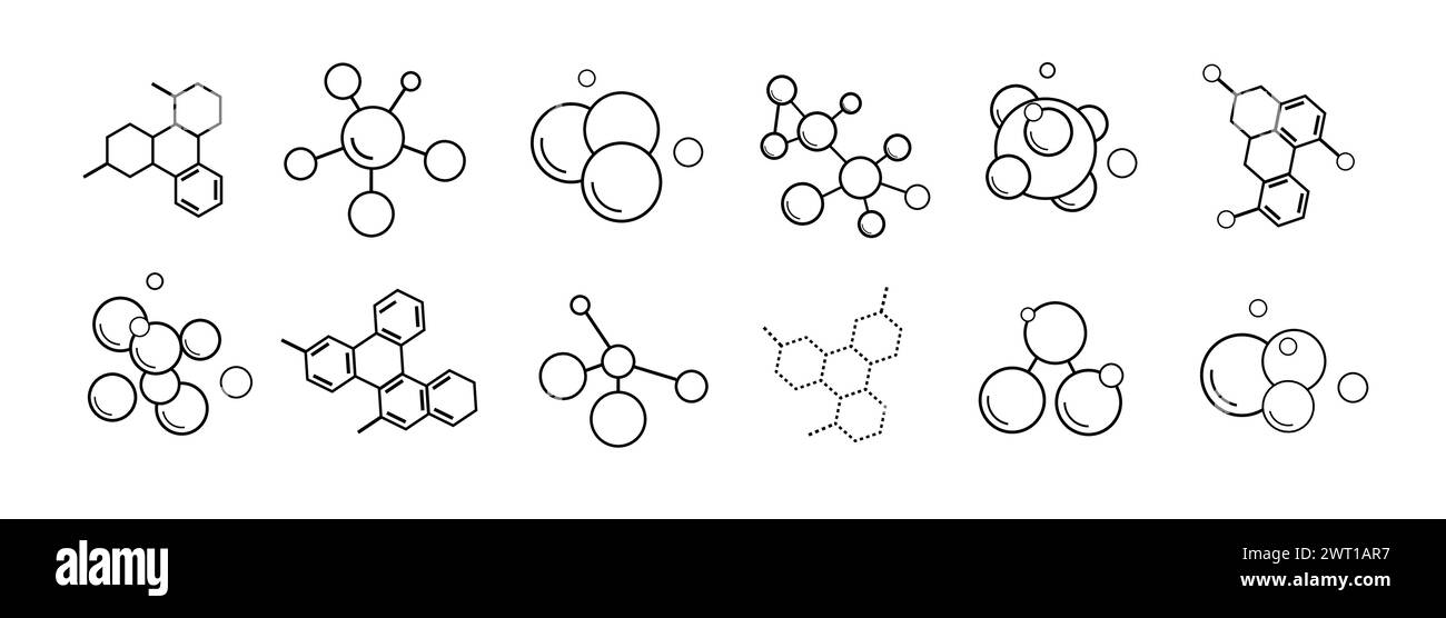 Un insieme di dodici formule molecolari, composti chimici su sfondo bianco. Illustrazione Vettoriale