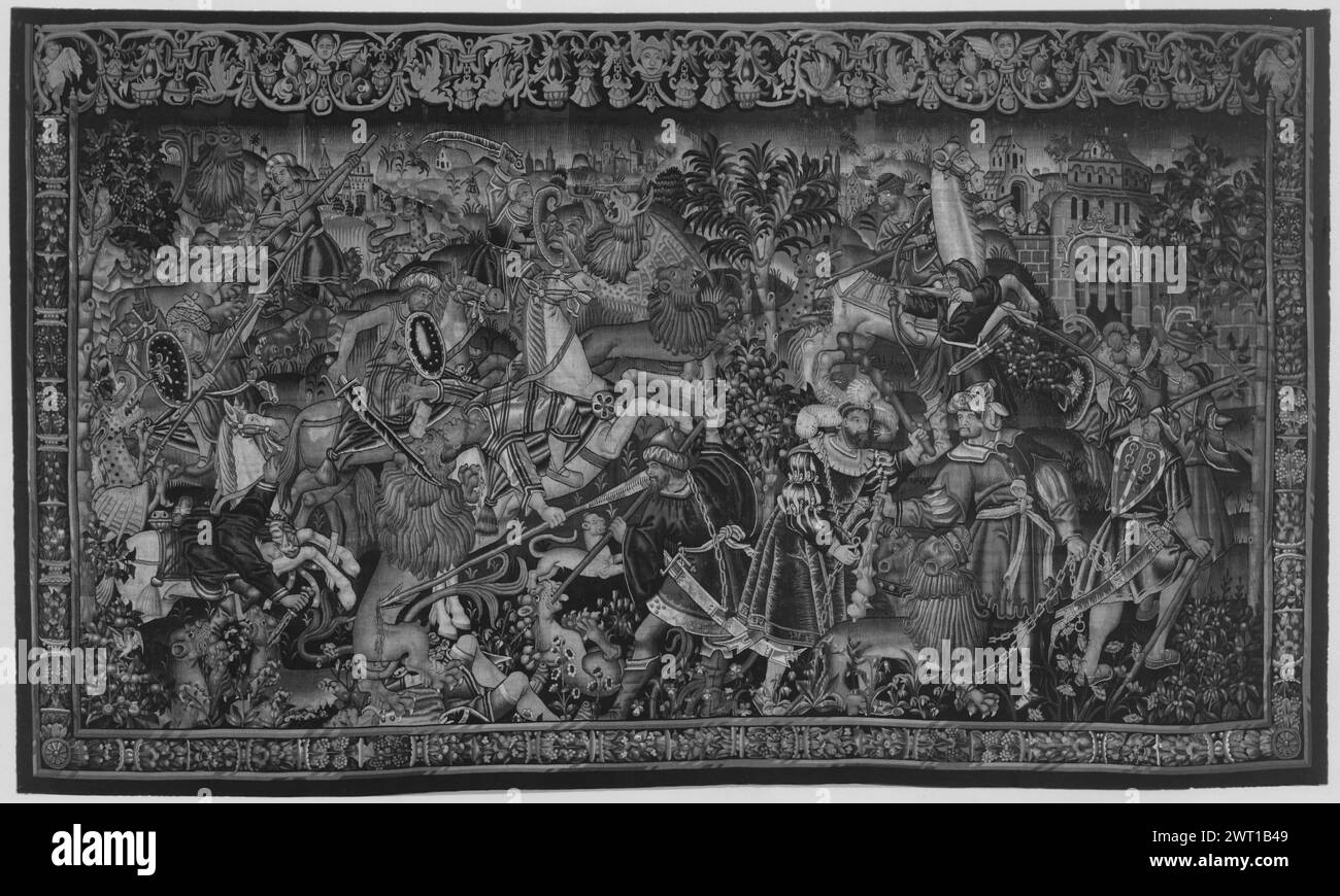 Caccia ai leoni. Grenier, Jean (olandese (prima del 1600) - Fiandre, atto 1497-1513) (workshop, attr.) [tessitore] Poissonier, Arnould (olandese (prima del 1600) - Fiandre, atto 1491-d.1522) (laboratorio, attr.) [tessitore] c. 1500-1510 arazzi dimensioni: H 12'8' x W 22'4' arazzi materiali/tecniche: Sconosciuta Cultura: Paesi Bassi meridionali storia di proprietà: Le Comte Louis de Dreux Brezé coll. J. P. Morgan coll. French & Co. (Circa 1961). Jack Benardout Coll., Londra. Coll. Privato, Sao Paolo. Stati Uniti, New York, New York, Sotheby's, 23 novembre, 1987, lotto 495. Nel paesaggio, cacciatori a cavallo e f Foto Stock