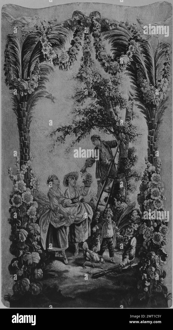 Selezione di ciliegie. Huet, Jean-Baptiste (francese, 1745-1811) (autore del disegno) [pittore] De Menou (francese, atto. 1780-1793) (laboratorio) [tessitore] c. 1780-1790 arazzi dimensioni: A 2,25 x L 1,30 m arazzi materiali/tecniche: Lana (ordito); lana e seta (trama) Cultura: Centro tessitura francese: Beauvais storia della proprietà: Edward Tuck coll. Francia, Parigi, Parigi, Musée du Petit Palais. Un giovane sulla scala appoggiava le ciliegie delle mani di un albero a 2 giovani donne sotto che tenevano le ciliegie nei grembiuli, un bambino dona le ciliegie a 3 polli (BRD) scena incorniciata da palme con alti steli che crescono a B. Foto Stock