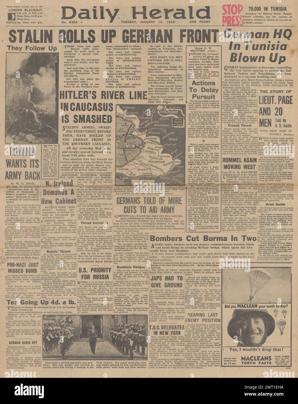 1943 la prima pagina del Daily Herald riporta la battaglia del Nord Africa e l'avanzata dell'Armata Rossa sul fronte orientale Foto Stock