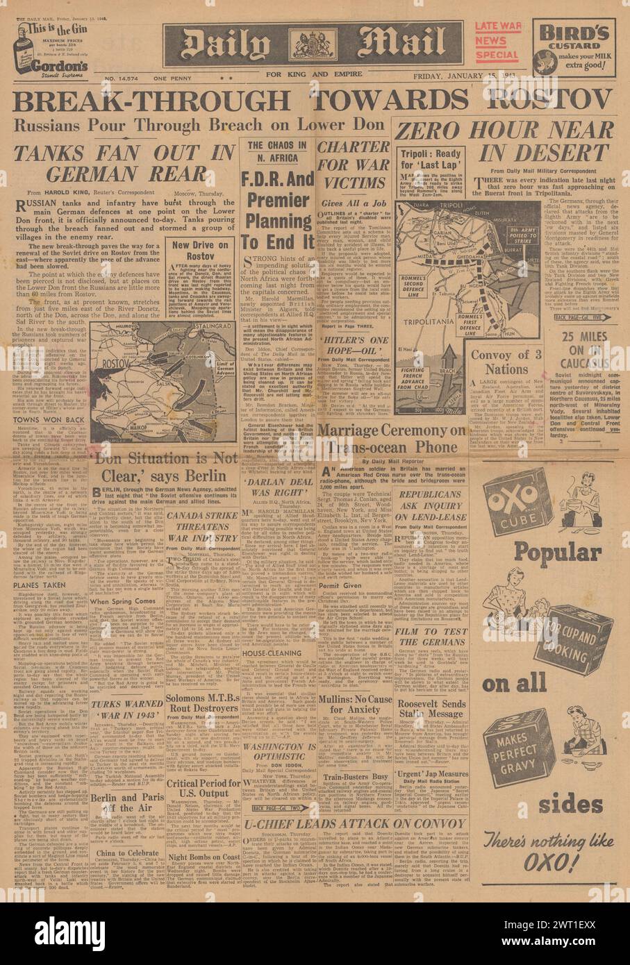1943 la prima pagina del Daily mail riporta la battaglia del Nord Africa e l'avanzata dell'Armata Rossa sul fronte orientale Foto Stock