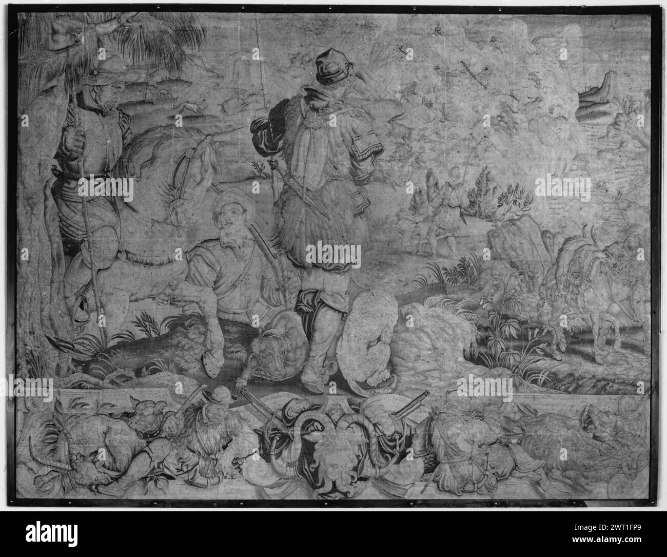 Caccia alla capra selvaggia nelle Alpi. Straet, Jan van der (olandese (prima del 1600) - Fiandre, 1523-1605) (creatore di fumetti) Sconditi, Giovanni Bastiano (italiano, atto 1552-d.1568) (laboratorio) [tessitore] 1568 arazzi materiali/tecniche: Cultura sconosciuta: Tessitura Italiana: , Toscana Firenze storia della proprietà: Italia, Toscana, Siena, Palazzo prefettura e dell'amministrazione provincale, accno. Inv.n.61. Nel paesaggio montano: cacciatore che arriva a cavallo da dietro il pino, cacciatore che si avvicina da terra bassa e cacciatore fiancheggiato da cani e rivolto lontano dallo spettatore (da L a R in f Foto Stock