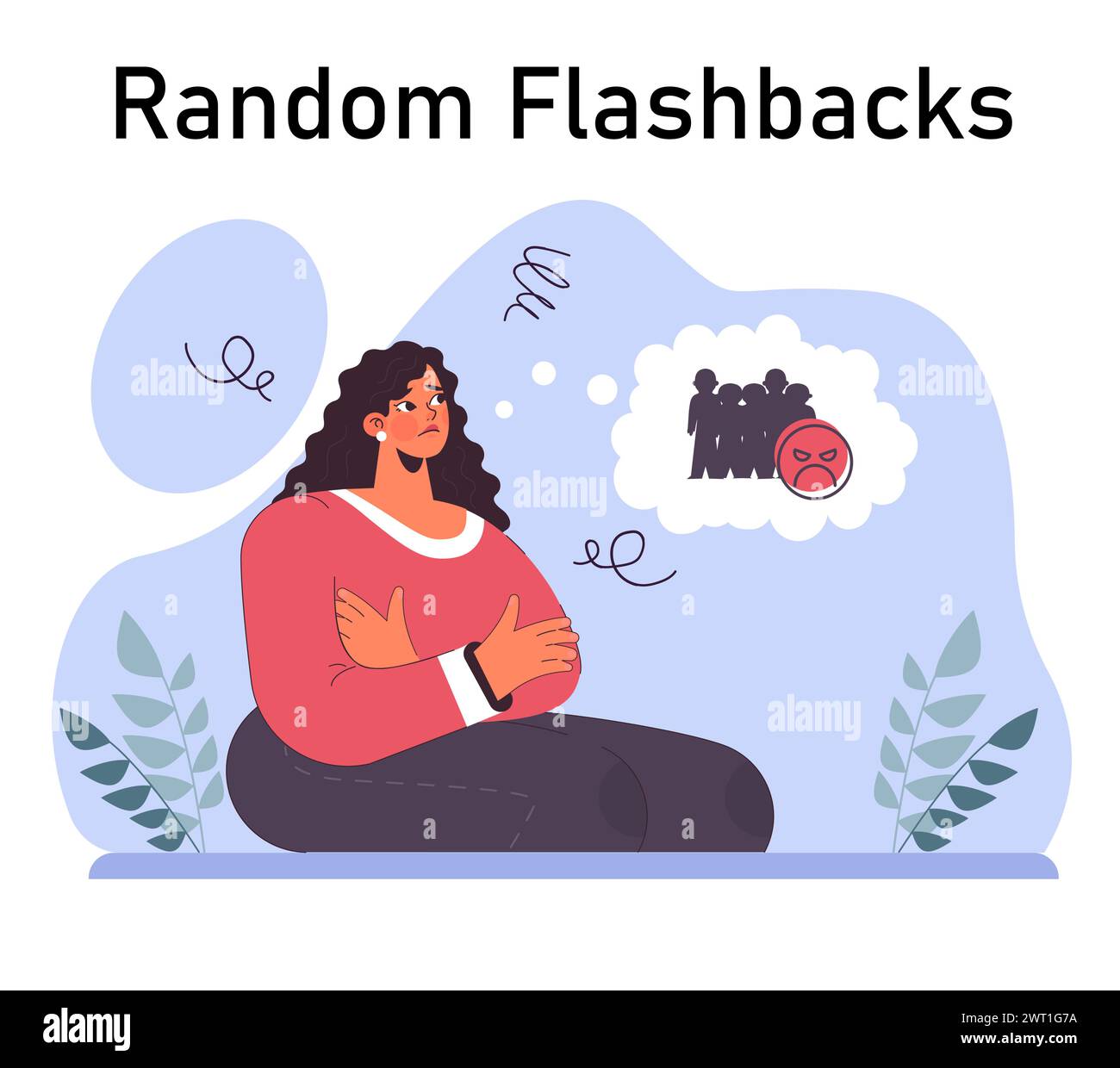 Disturbo da stress post traumatico. Personaggio femminile che soffre di disturbi mentali, che si occupa di disperazione, paura e dolore. Ansia e depressione. Illustrazione vettoriale piatta Illustrazione Vettoriale
