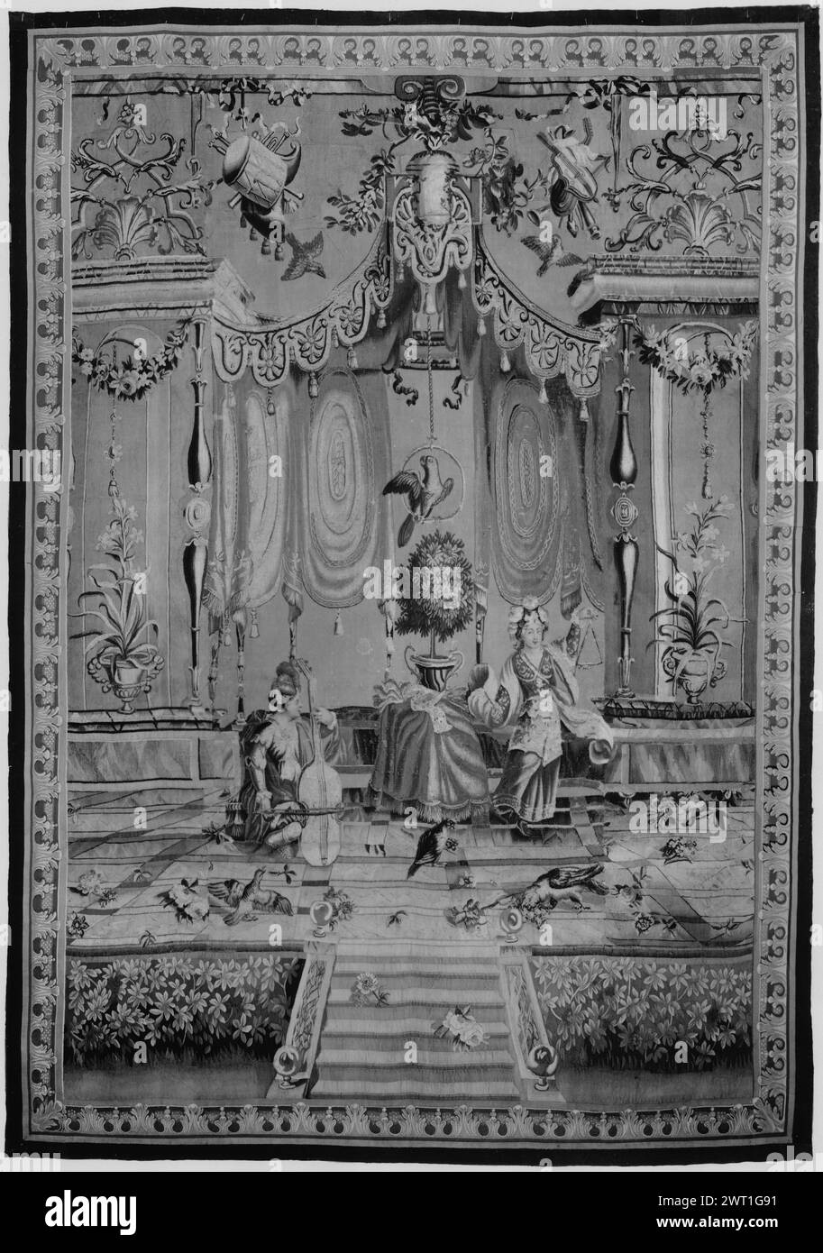 Musicisti. Bérain, Jean (il Vecchio) (francese, 1640-1711) (stile di) [disegnatore] Monnoyer, Jean-Baptiste (francese, 1636-1699) (autore del disegno) [pittore] Béhagle, Philippe i (francese, b.1641-d.1705) (laboratorio) [tessitore] Béhagle, Philippe II (francese, d.1733) (laboratorio 1722) [tessitore] Mérou, Noël Antoine de (francese, (francese, 1688-1732 Testry'1734) dimensioni: cultura sconosciuta: centro di tessitura francese: Beauvais storia di proprietà: French & Co. acquistato da H.S. de Souhami 24/11/1913; venduto a H. McBride 6/11/1921. Schermo architettonico Foto Stock