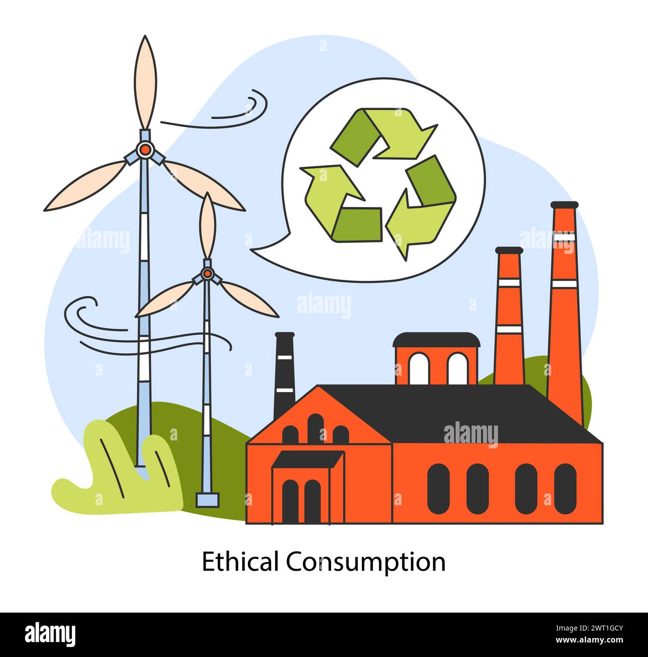 Una fabbrica a emissioni zero. Economia circolare. Ciclo di vita del prodotto dalla produzione, dal consumo e dal riciclaggio. Responsabilità dell'azienda per l'impatto sull'ambiente. Illustrazione vettoriale piatta Illustrazione Vettoriale