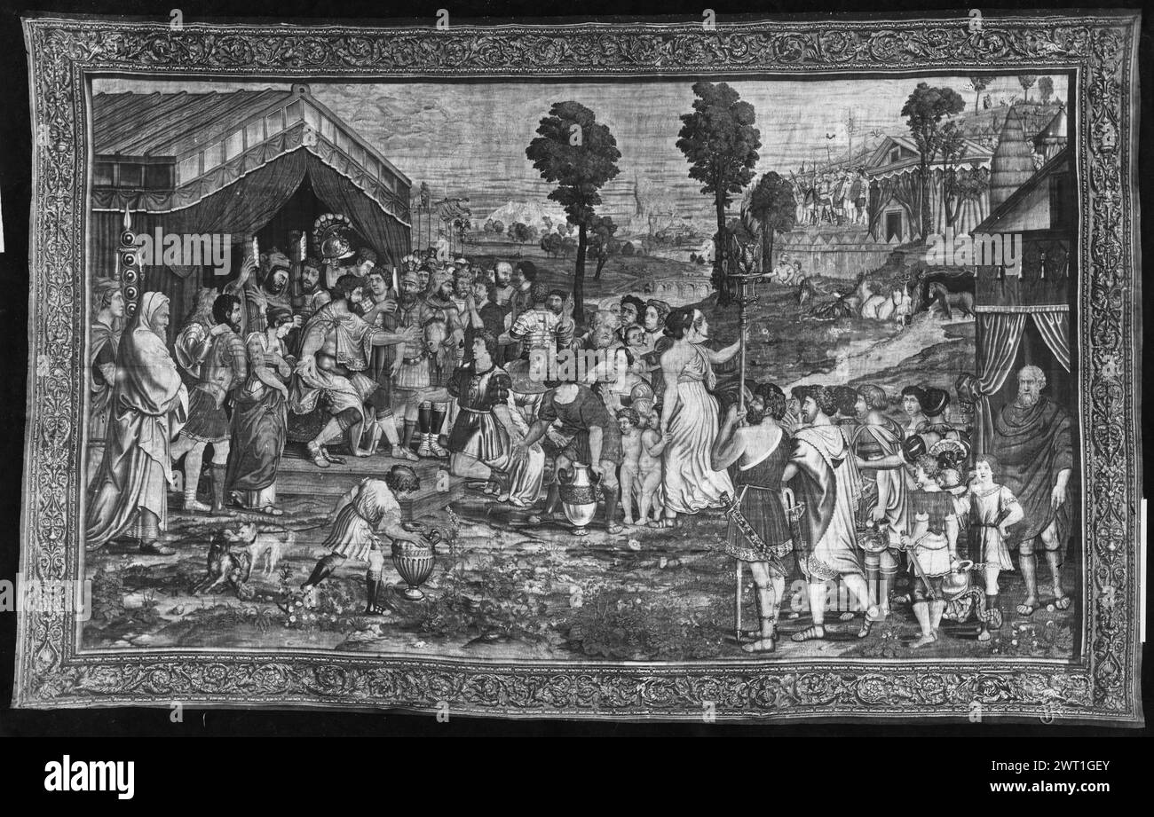 Continenza di Scipione. Giulio Romano (italiano, 1492/99-1546) (disegnato dopo) [pittore] c. 1540-1544 arazzi dimensioni: A 498 x L 792 cm arazzi materiali/tecniche: Lana e seta Cultura: Centro tessitura fiammingo: Bruxelles storia di proprietà: Inventario di Carlo II (1701-1703). Inventario di Carlo III ((1788). Inventario di Fernando VII (1834). Spagna, Madrid, Palacio Real de Madrid, accno. A.265-7842. Iscrizioni: Contrassegno tessitore non identificato. Scipione incoronato, circondato dai suoi soldati, restituisce la donna prigioniera al suo sposo Allucio (L, primo piano); Allucio, accompagnato da un gruppo di donne & Foto Stock