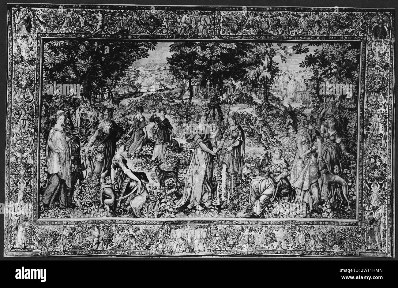 Cefalo e Procris. Spierincx, Frans (fiammingo, 1551-1630) (laboratorio) [tessitore] Mander, Karel van (il Vecchio) (olandese (prima del 1600) - Paesi Bassi del Nord, 1548-1606) (disegnato dopo) [pittore] c. 1600-1610 arazzi dimensioni: H 345 x W 520 cm arazzi materiali/tecniche: Sconosciuta Cultura: Dutch Weaving Center: Delft Ownership History: Barney Coll. Mrs. E. F. Hutton [nel 1925]. Rijksmuseum, Amsterdam. Paesi Bassi, Olanda settentrionale, Amsterdam, Rijksmuseum, accno. R.B.K.1954-69B.. Iscrizioni: Contrassegno della città sulla protezione inferiore, a sinistra [non visibile nella fotografia]; contrassegno tessitore sulla protezione destra, in basso [non V Foto Stock