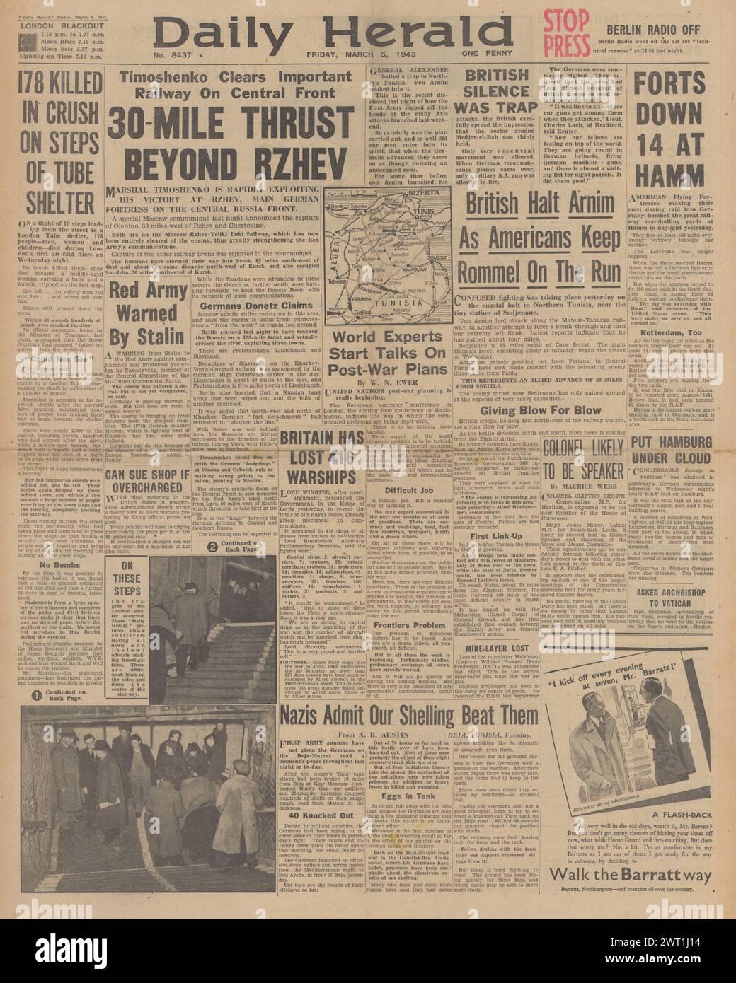 1943 la prima pagina del Daily Herald riporta la cattura dell'Armata Rossa di Rzhev, la morte del presidente Edward FitzRoy e il disastro del tubo di Bethnal Green Foto Stock