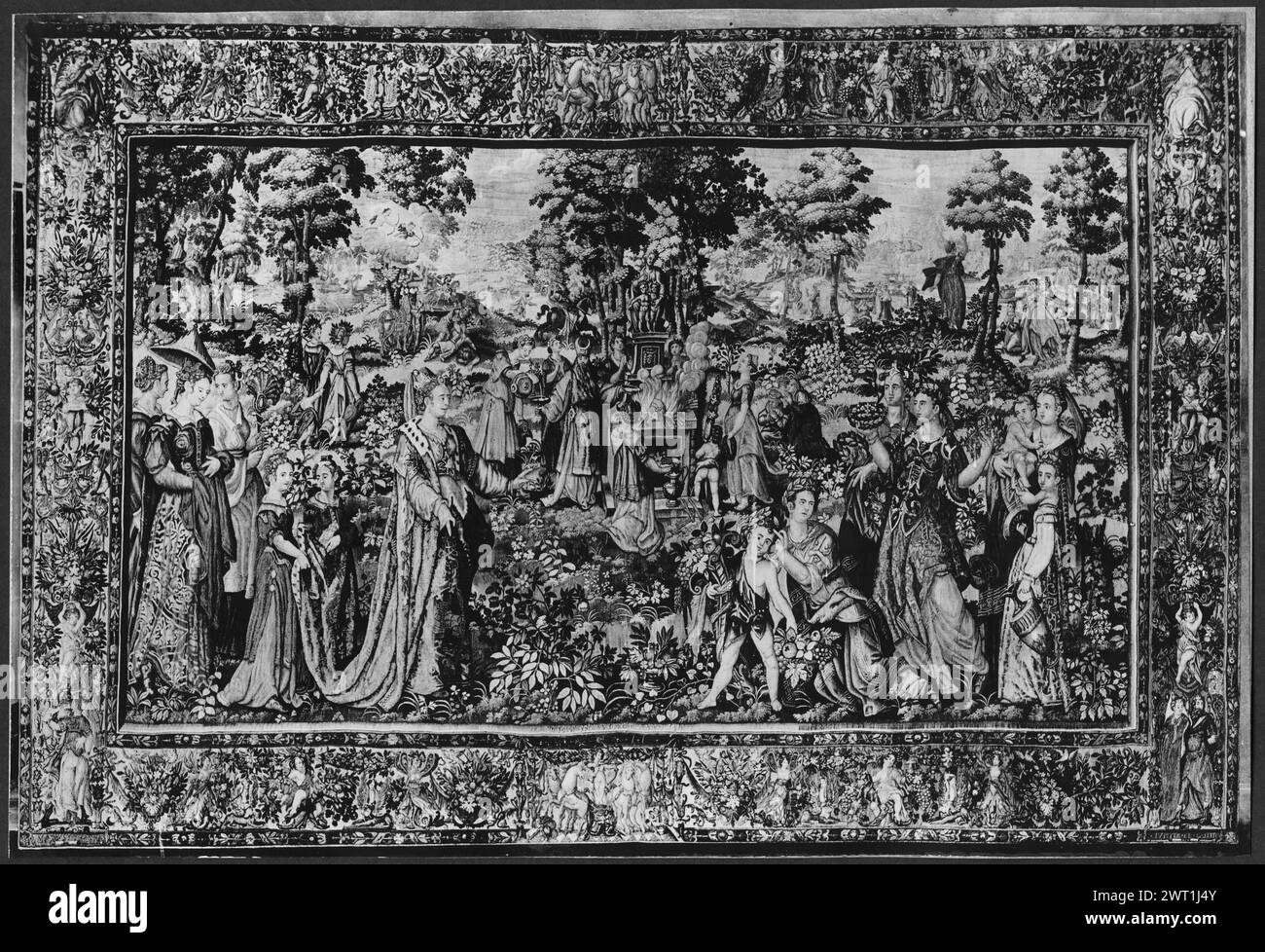 Orgoglio di Niobe e Diana. Spierincx, Frans (fiammingo, 1551-1630) (laboratorio) [tessitore] Mander, Karel van (il Vecchio) (olandese (prima del 1600) - Paesi Bassi del Nord, 1548-1606) (autore del disegno) [pittore] datato 1610 arazzo dimensioni: H 11'8' x W 17'2' arazzo materiali/tecniche: Cultura sconosciuta: Centro tessitura olandese: Delft Proprietà storia: Rijksmuseum, Amsterdam, dono di Van Lefaben 1954. Paesi Bassi, Olanda settentrionale, Amsterdam, Rijksmuseum, accno. R.B.K.1954-69A. Iscrizioni: Contrassegno della città sulla protezione inferiore, a sinistra [non visibile nelle fotografie; visibile solo su GCPA 0181791]; W Foto Stock