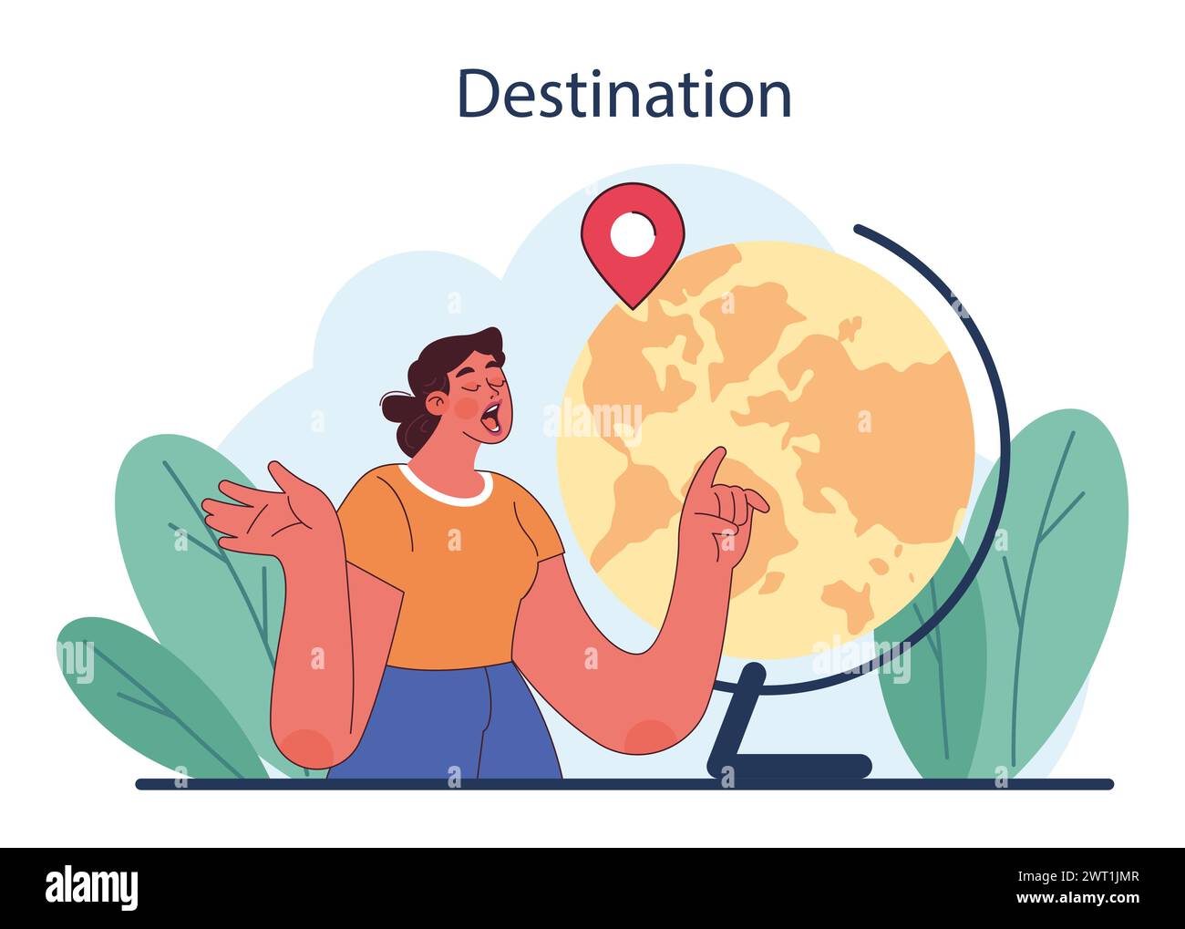 Turismo. Persone che viaggiano in tutto il mondo per vedere attrazioni e patrimonio culturale. Il viaggiatore che prenota un hotel e fa il pieno di bagagli. Stile di vita attivo. Illustrazione vettoriale piatta Illustrazione Vettoriale